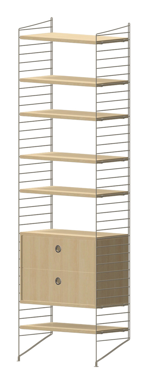 Wohnzimmer String Regal mit hellem Holz und zwei Schubladen für moderne Aufbewahrung.