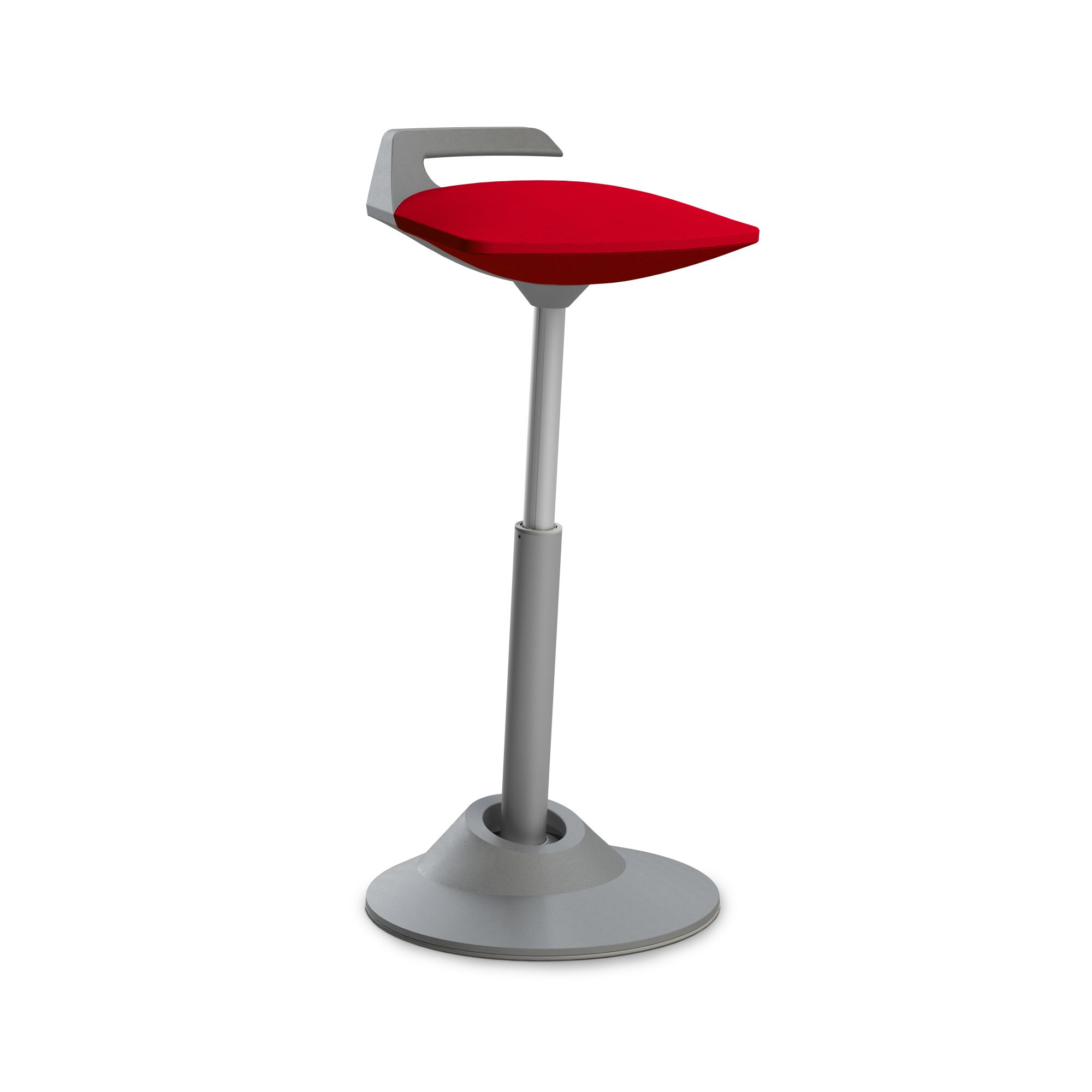 Roter Steh-Sitz Hocker für ergonomisches Arbeiten im Büro, höhenverstellbar und modern.