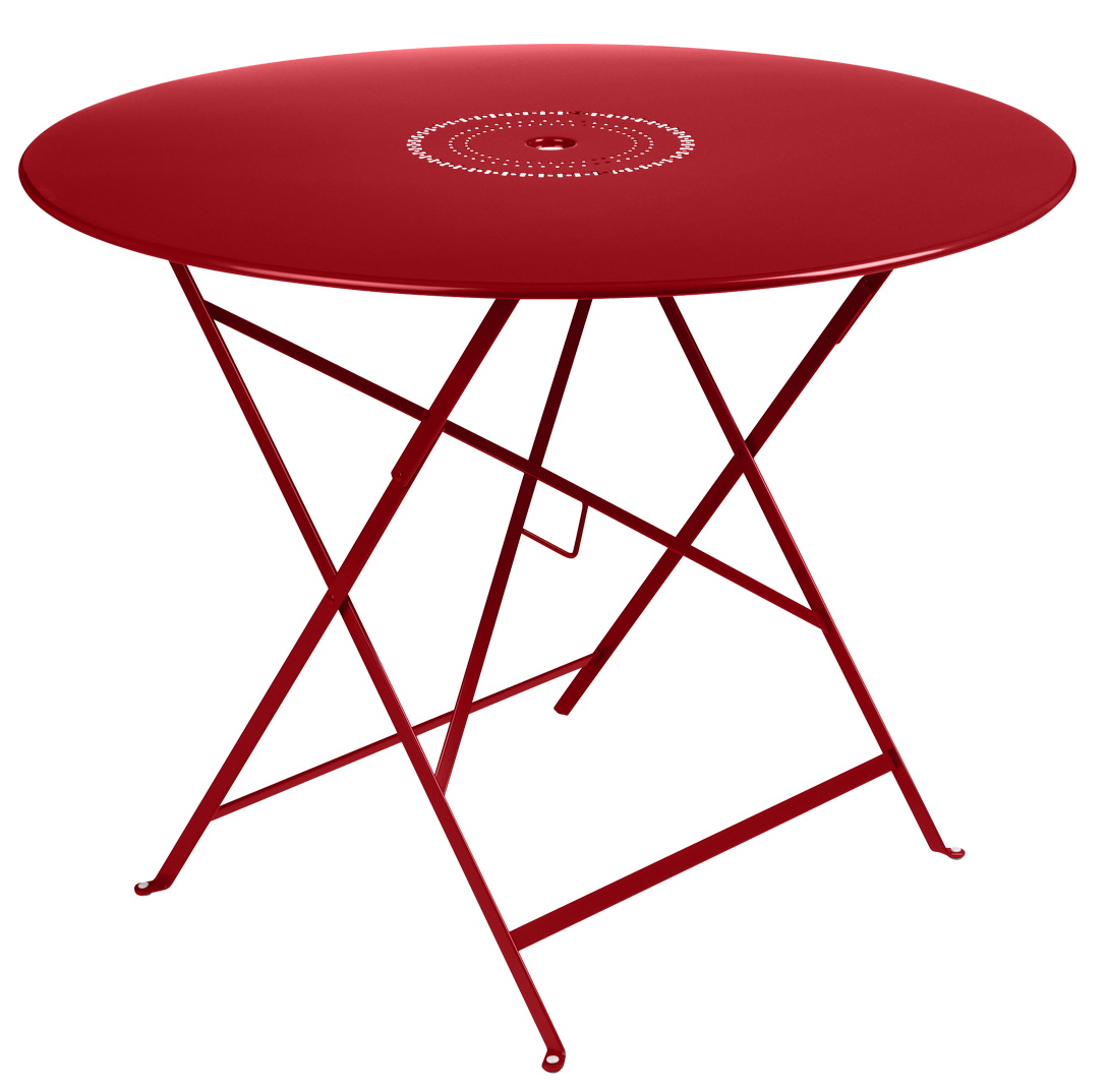 Roter Floréal Tisch von Fermob für den Außenbereich, runder Gartentisch aus Metall, klappbar.
