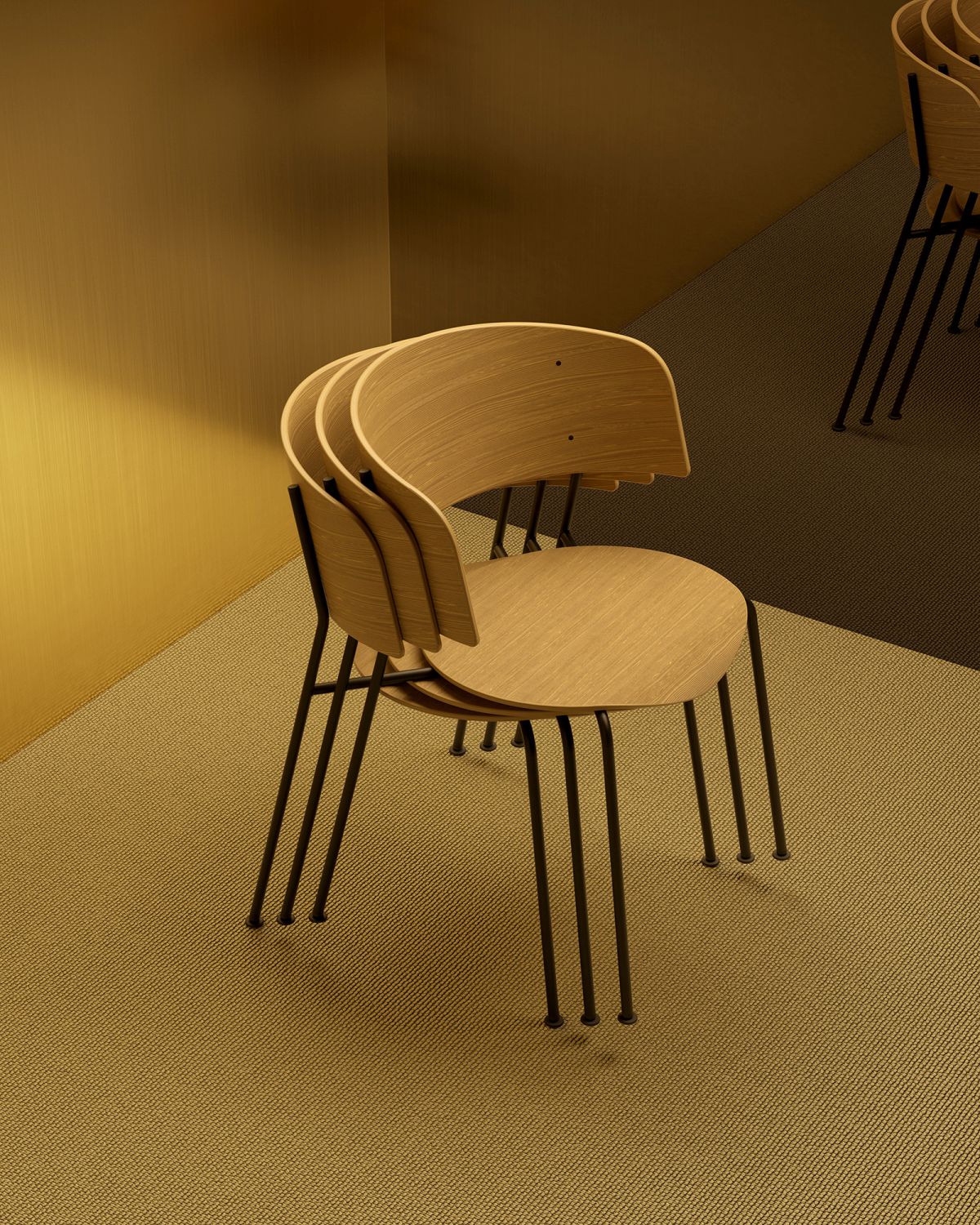 WAGNER Armlehnstuhl mit schwarzem Gestell, Holzstuhl stapelbar, modernes Design für Esszimmer und Büro.