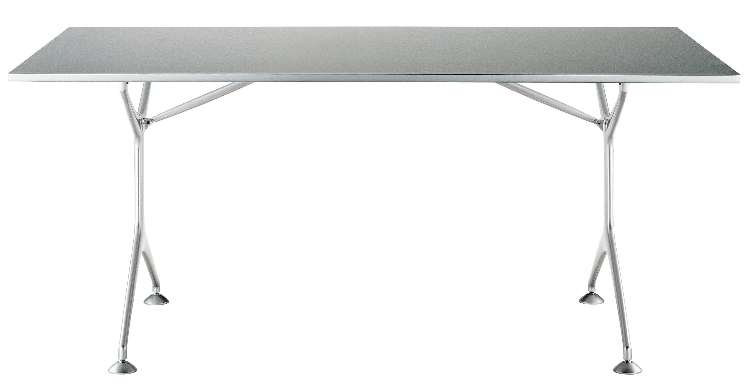 Frametable Tisch Alias: Moderner Esstisch mit rechteckiger, silberner Tischplatte und filigranem, silberfarbenem Metallgestell.