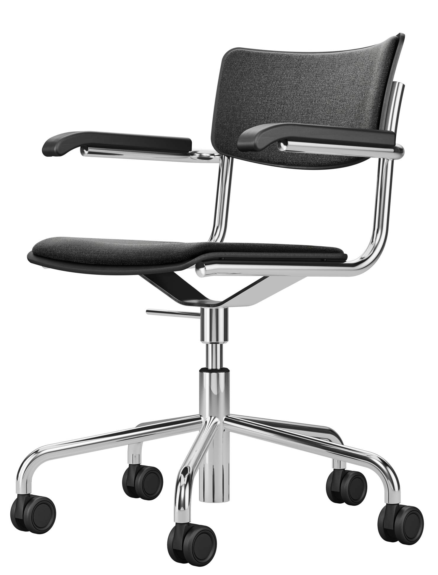 S 43 Thonet Drehstuhl mit Armlehnen, grauem Stoffbezug und verchromtem Gestell auf Rollen.