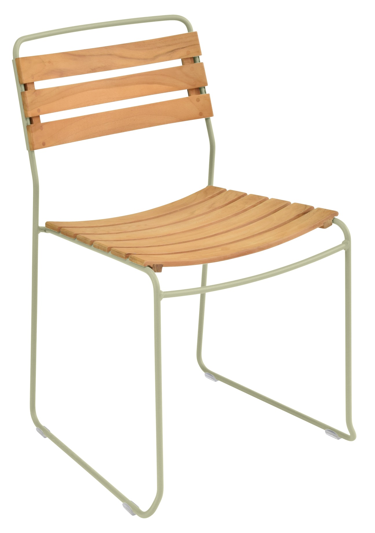 Fermob Surprising Teak Chair Outdoor: Moderner Gartenstuhl mit Teakholz-Sitzfläche und grünem Metallgestell für den Außenbereich.