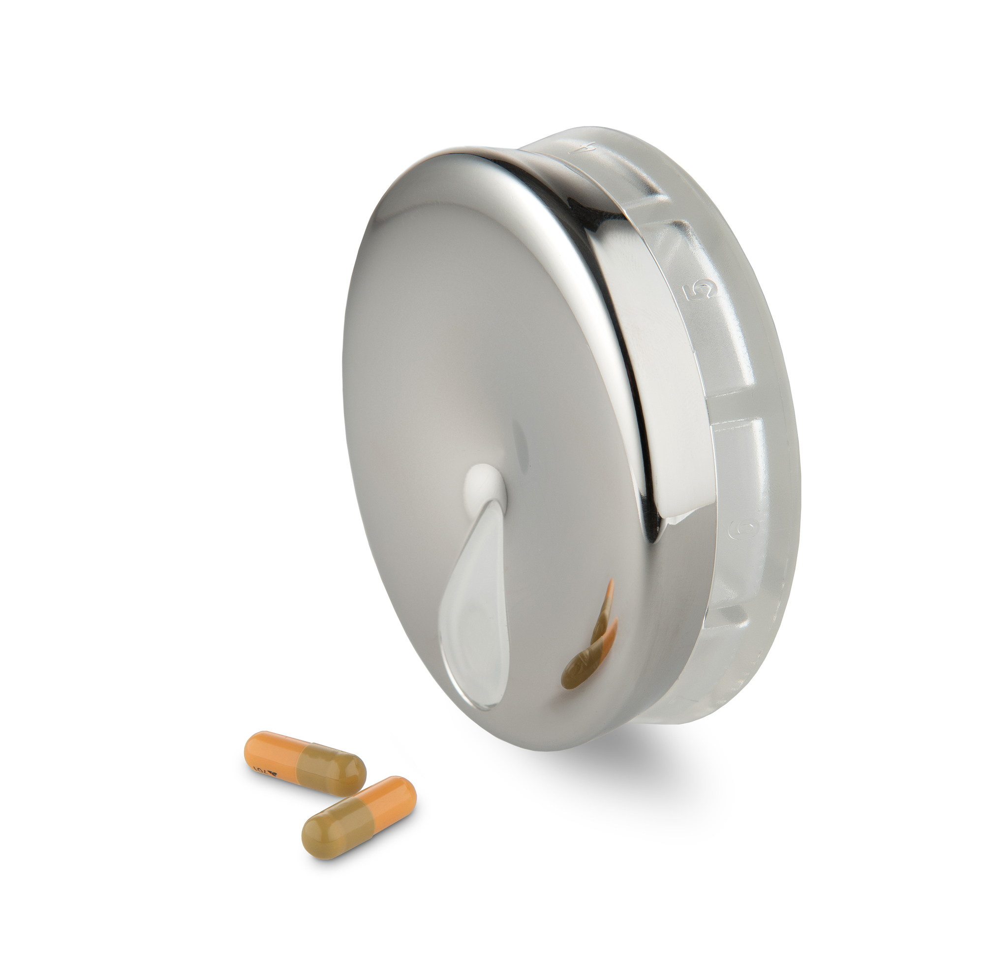 Alessi BM08 YoYo Pillendose aus Edelstahl und Kunststoff mit zwei Tabletten.