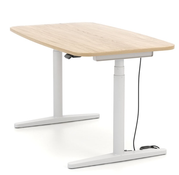 Vitra Tyde 2 Home Desk: Höhenverstellbarer Schreibtisch mit heller Holzplatte und weißem Gestell für ergonomisches Arbeiten.