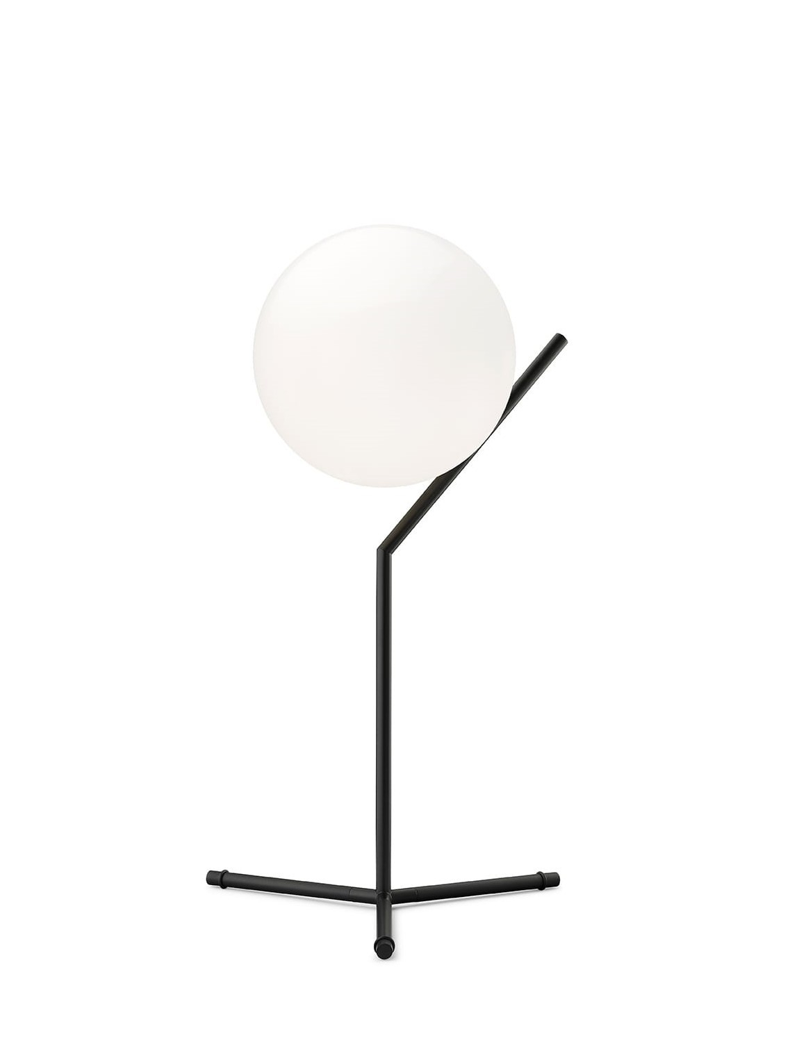 IC Lights T1 High Tischleuchte von Flos: Moderne Tischlampe mit schwarzem Gestell und weißem Kugel-Lampenschirm.
