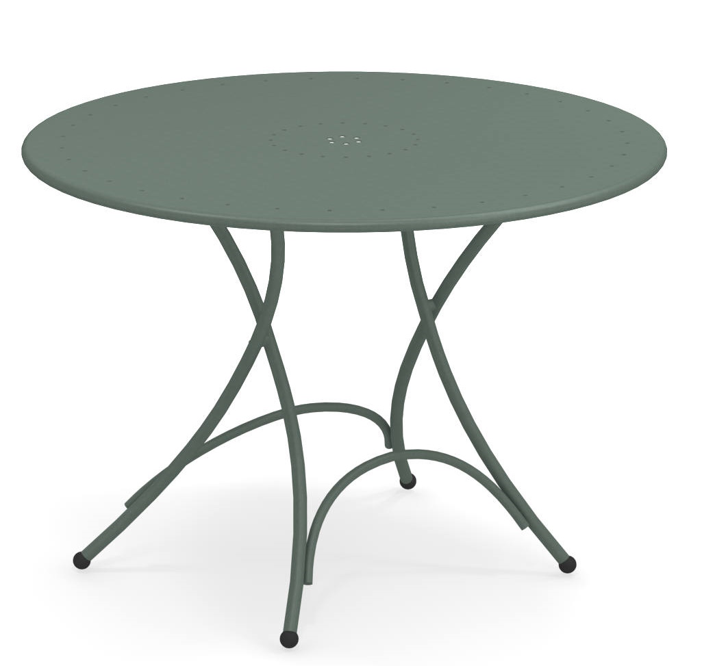 Runder, olivgrüner Pigalle Klapptisch von Emu für den Außenbereich, ideal für Garten und Terrasse.
