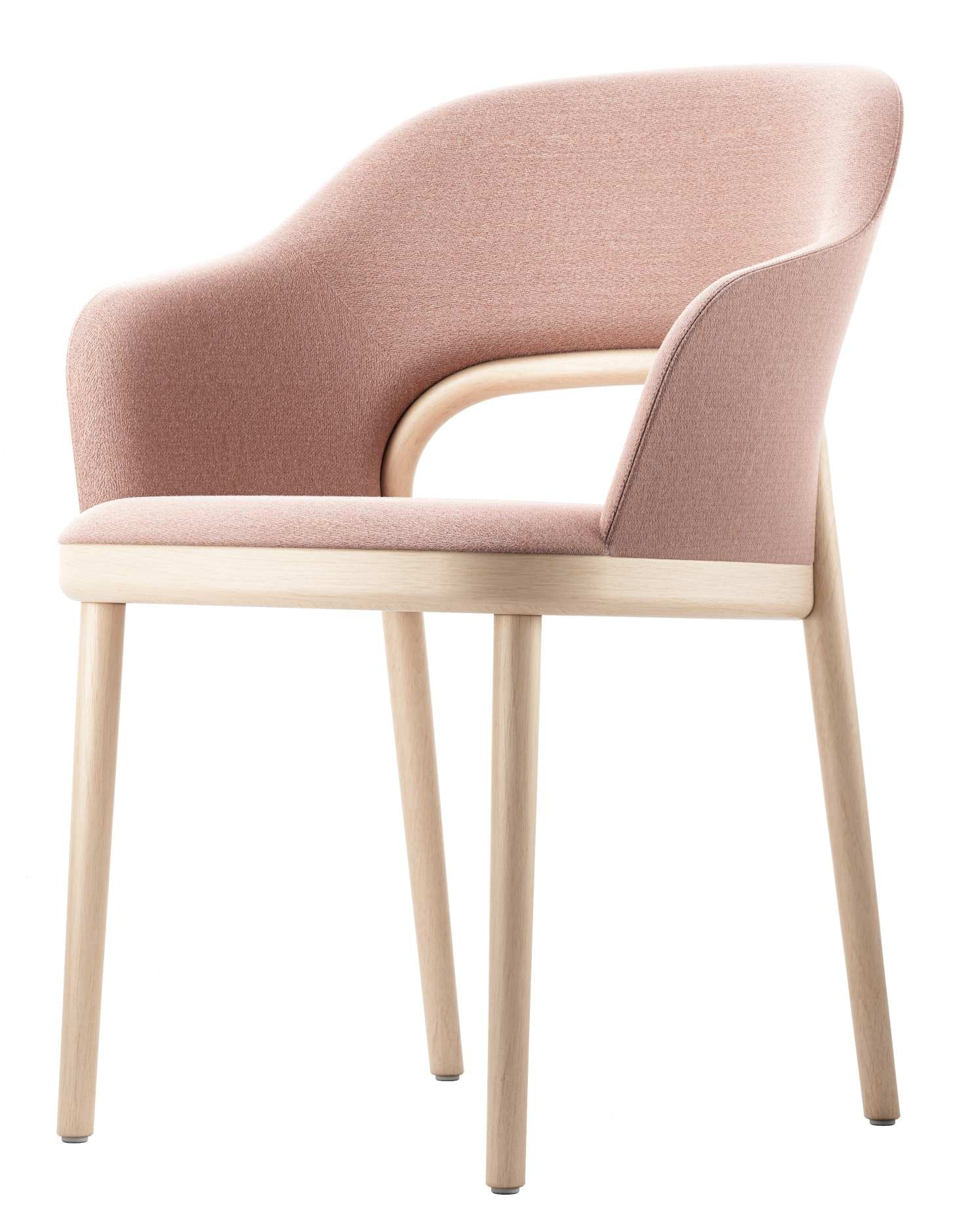 Thonet Polsterstuhl mit Armlehnen, rosa Stoffbezug und hellem Holzgestell, seitliche Ansicht.