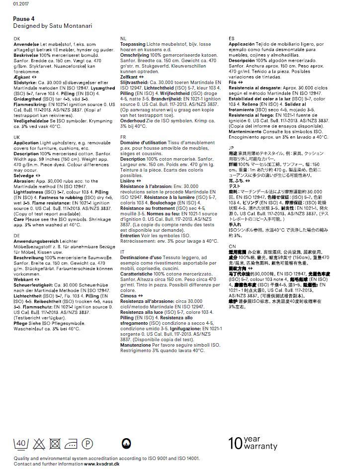 Stoffmusterkarte Pause 4 Kvadrat: Nahaufnahme der Textilinformationen für Möbelstoffe, Zusammensetzung, Pflegehinweise und technische Details.