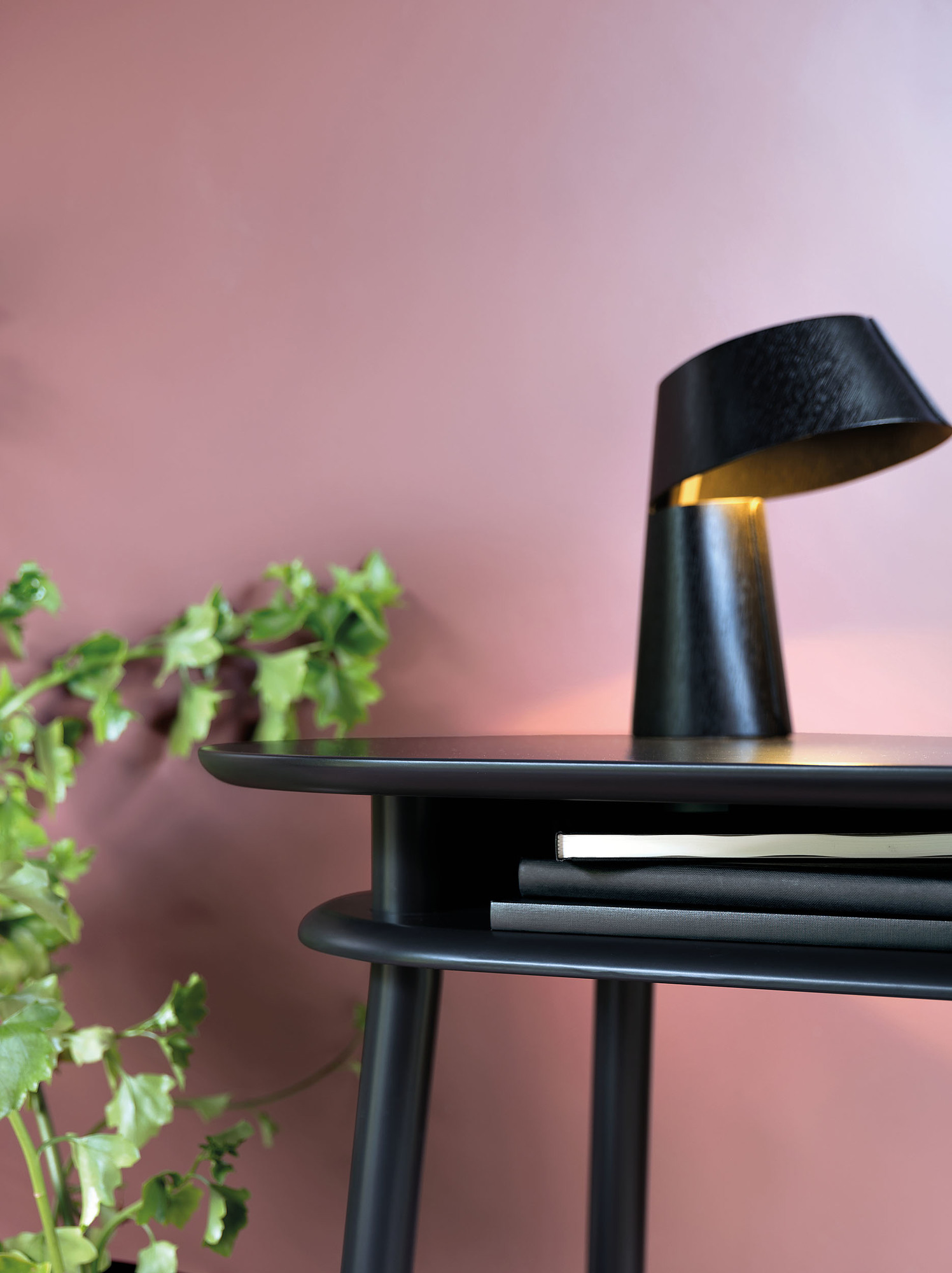 Schwarzer Schönbuch Schreibtisch mit Lampe und Büchern, modernes Design für Büro und Arbeitszimmer.