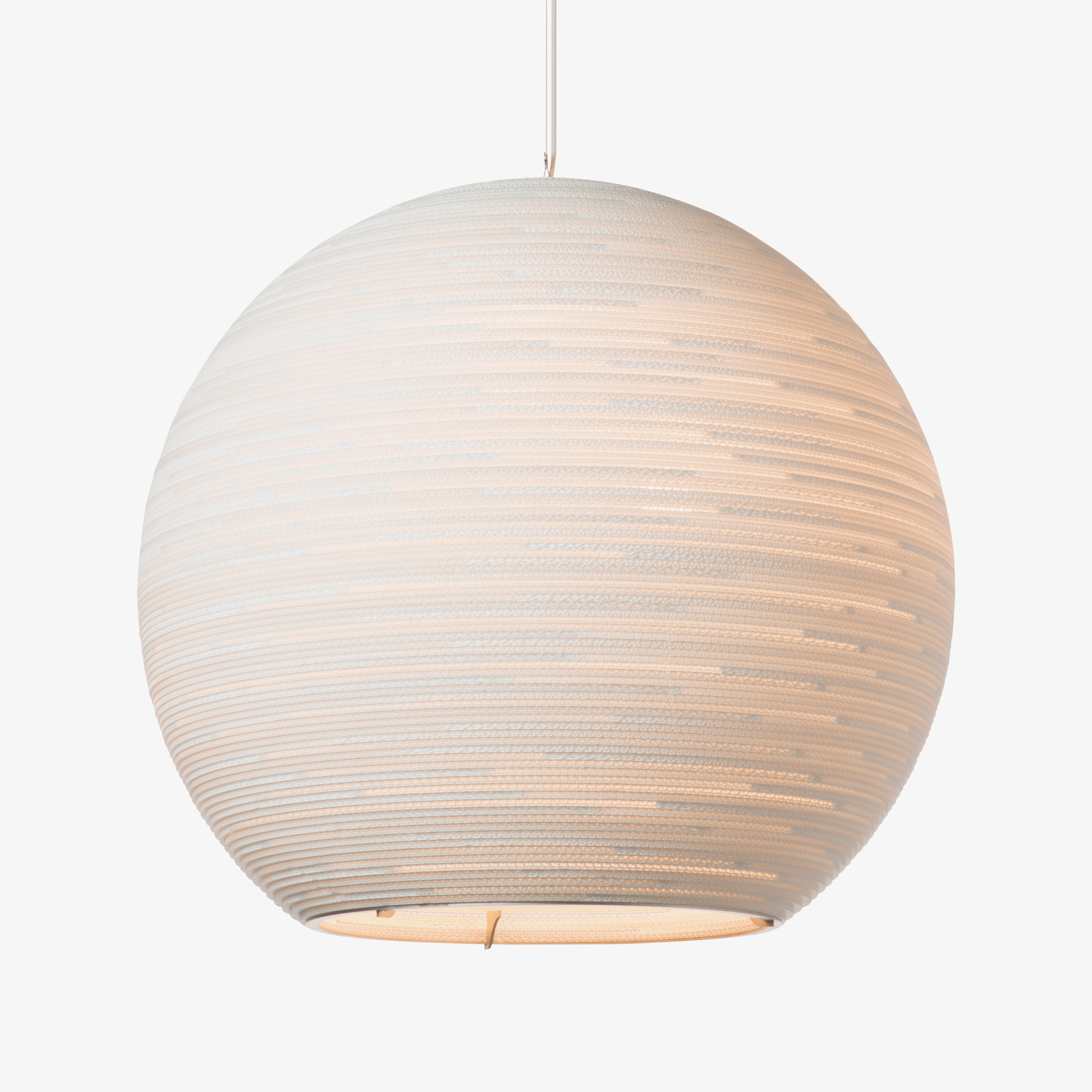 Weiße Scraplights Sun Hängeleuchte von Graypants, runde Pendelleuchte aus recycelter Pappe, modernes Design.