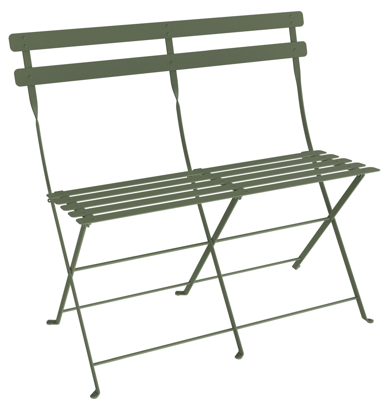 Grüne Bistro 2-Sitzer Klappbank von Fermob für den Garten oder die Terrasse, zusammengeklappt und freistehend.