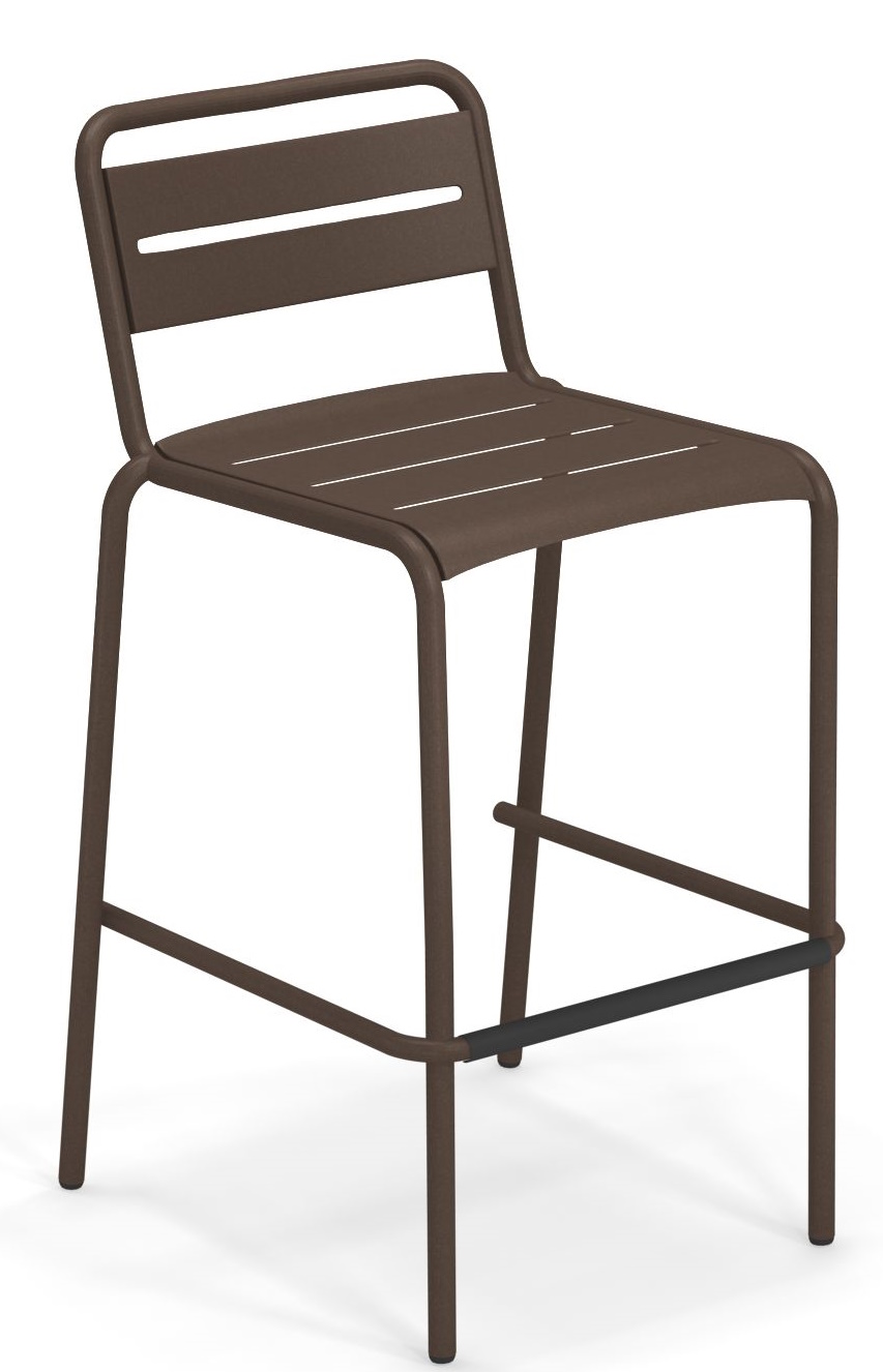 Star Barstool Barhocker Outdoor Emu, braun, aus Metall mit Rückenlehne und Fußstütze für den Garten.