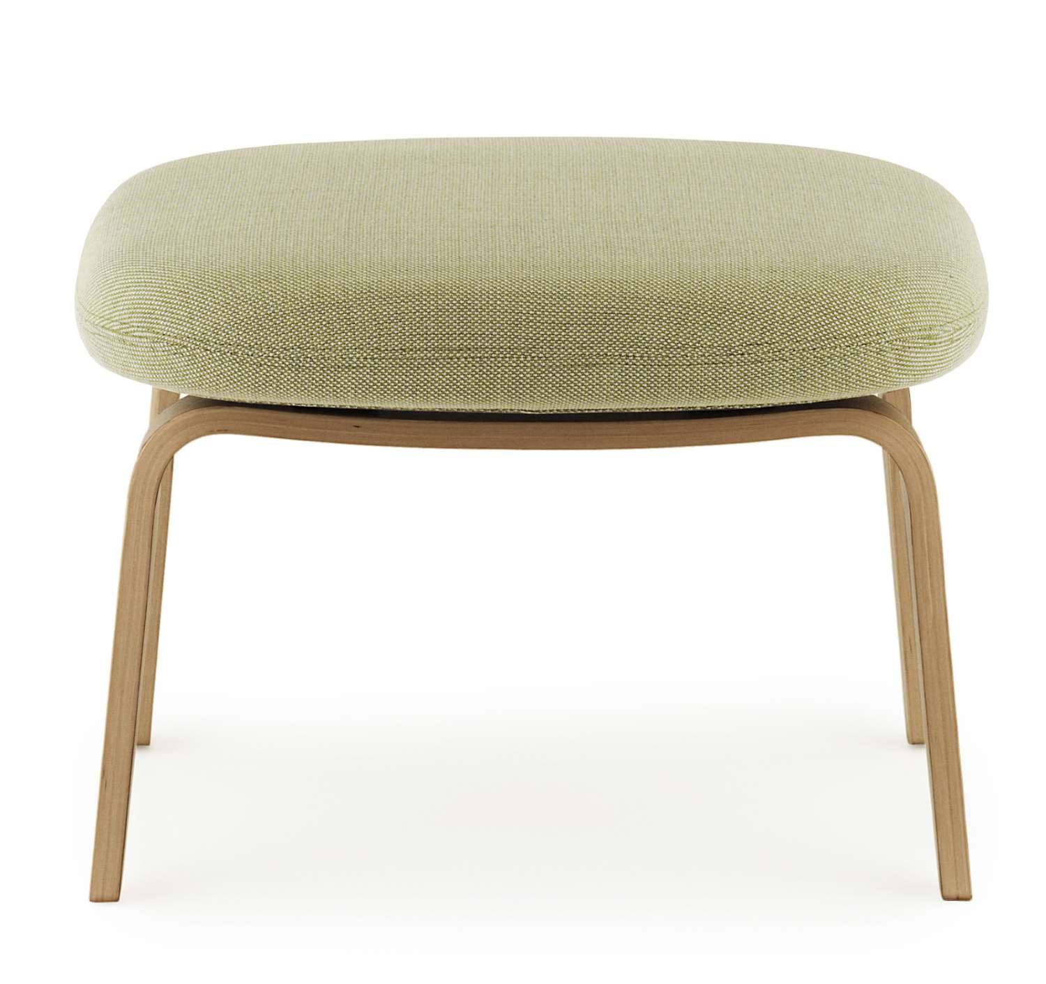 Era Footstool Fußhocker von Normann Copenhagen, hellgrüner Stoffbezug und helles Holzgestell, Frontansicht.