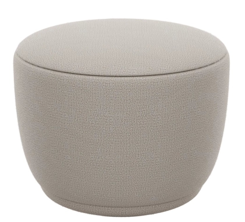 Beiger Kuon Pouf Hocker von Blomus, runder Sitzhocker mit Stoffbezug für Wohnzimmer und Schlafzimmer.
