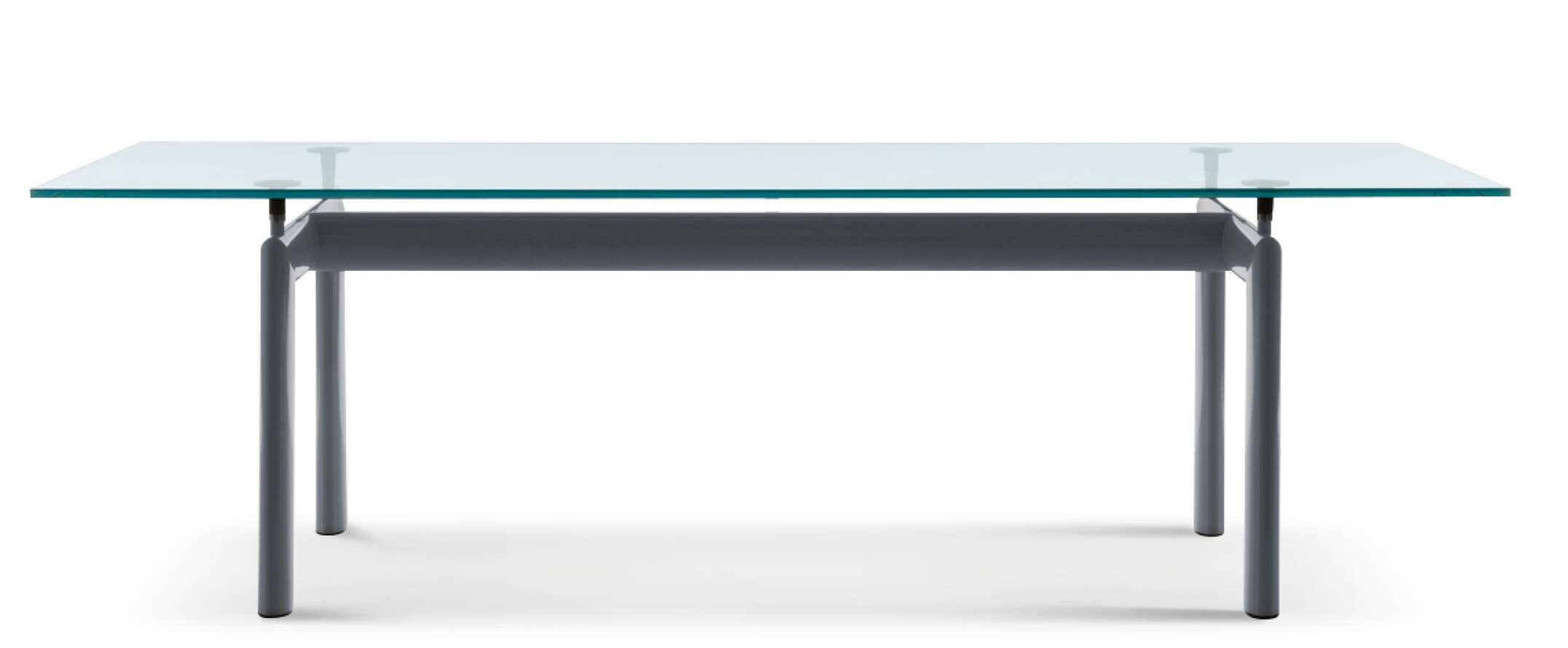LC6 Table tube d´avion Esstisch Cassina mit Glasplatte und grauem Stahlrohrgestell, Frontansicht.