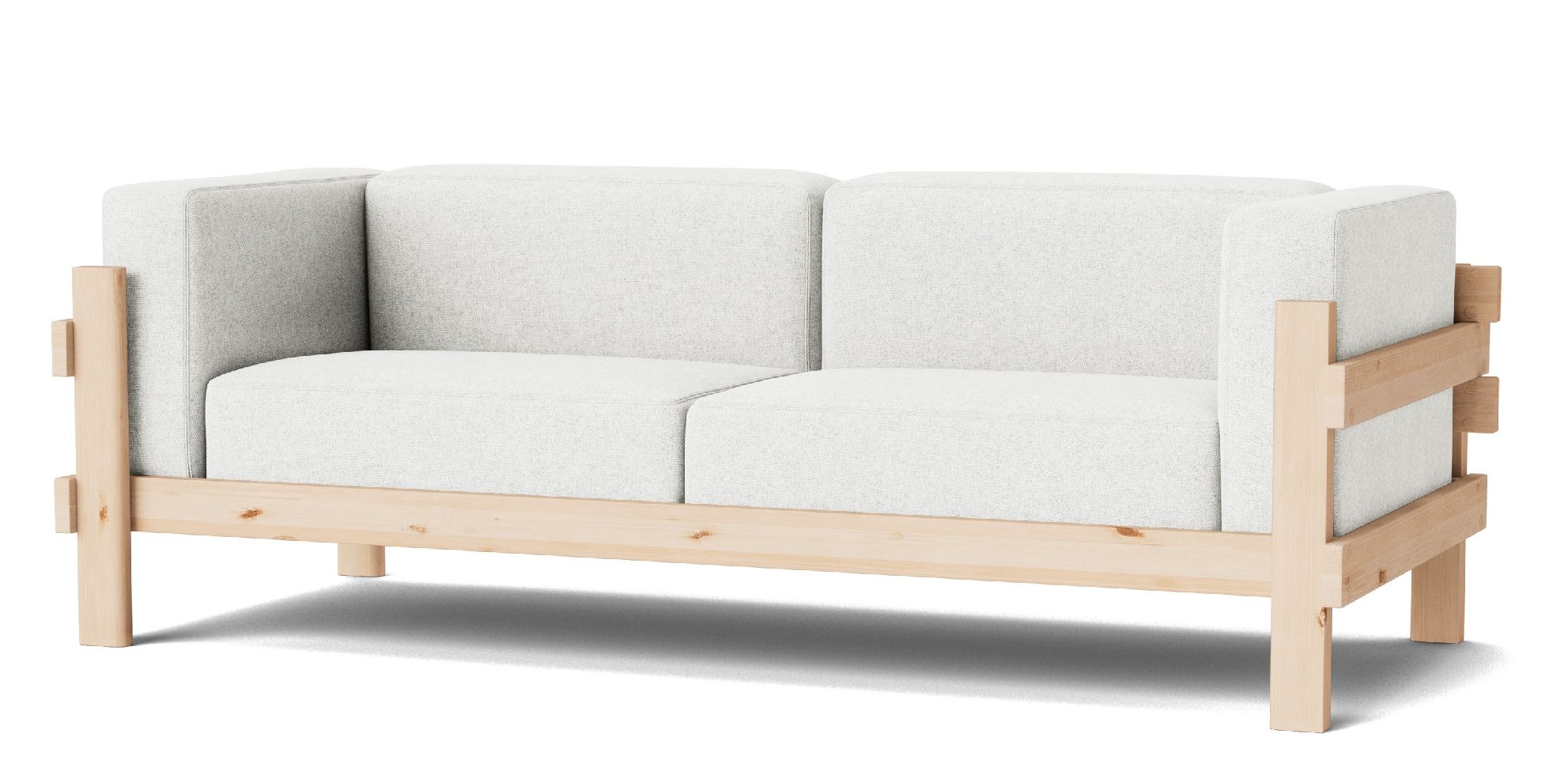 Kube Sofa von Normann Copenhagen, hellgrauer Zweisitzer mit hellem Holzrahmen, modernes Design.