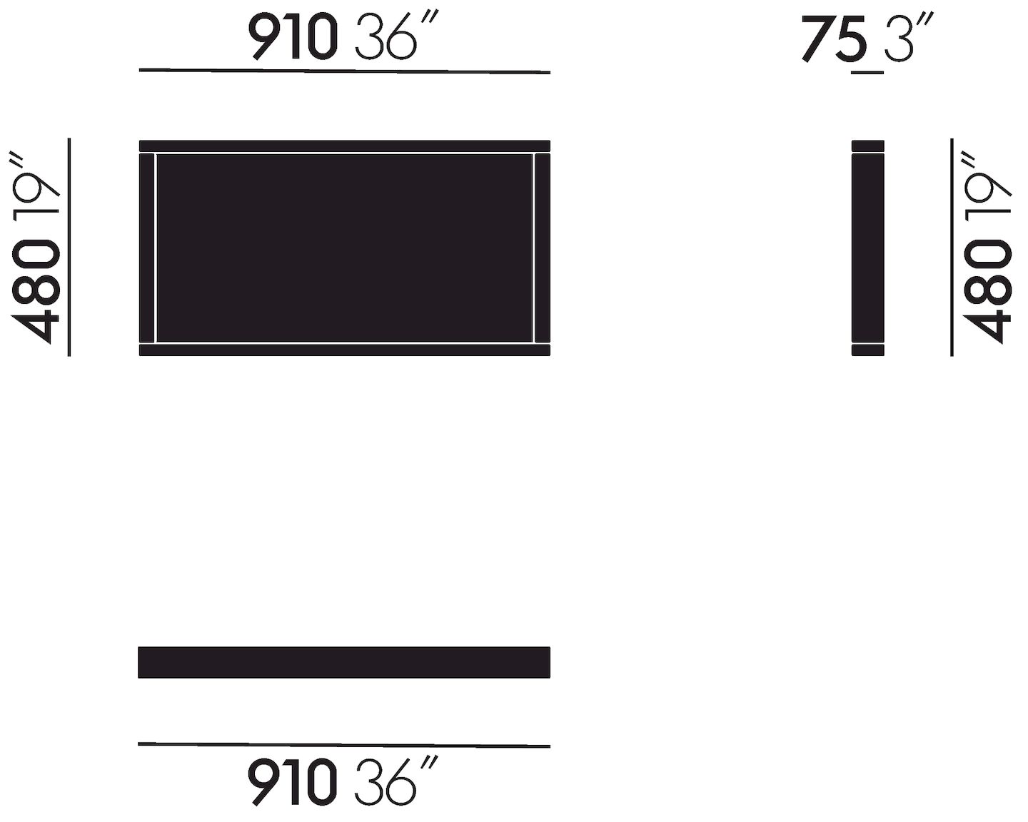 Technische Zeichnung des Vitra Colour Frame Spiegels mit Maßangaben für Breite, Höhe und Tiefe.