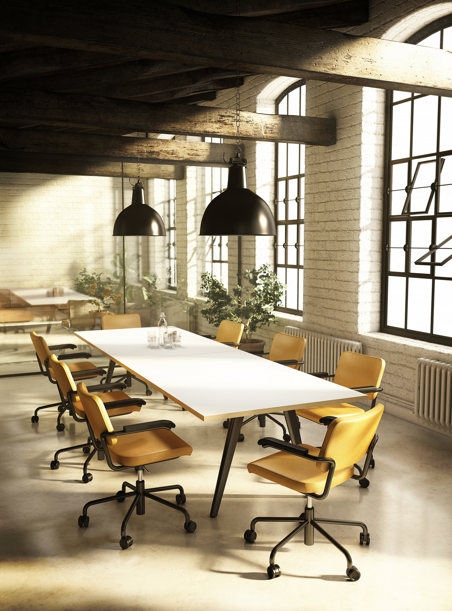 Konferenzraum mit weißem Thonet 1500 Tisch und gelben Stühlen in einem hellen Loft-Büro.