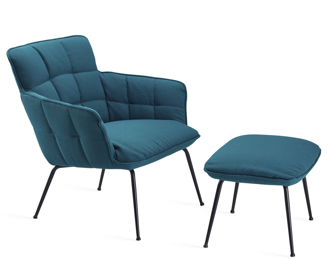 Marla Sessel von Freifrau Manufaktur in blau mit schwarzem Gestell und passendem Hocker.
