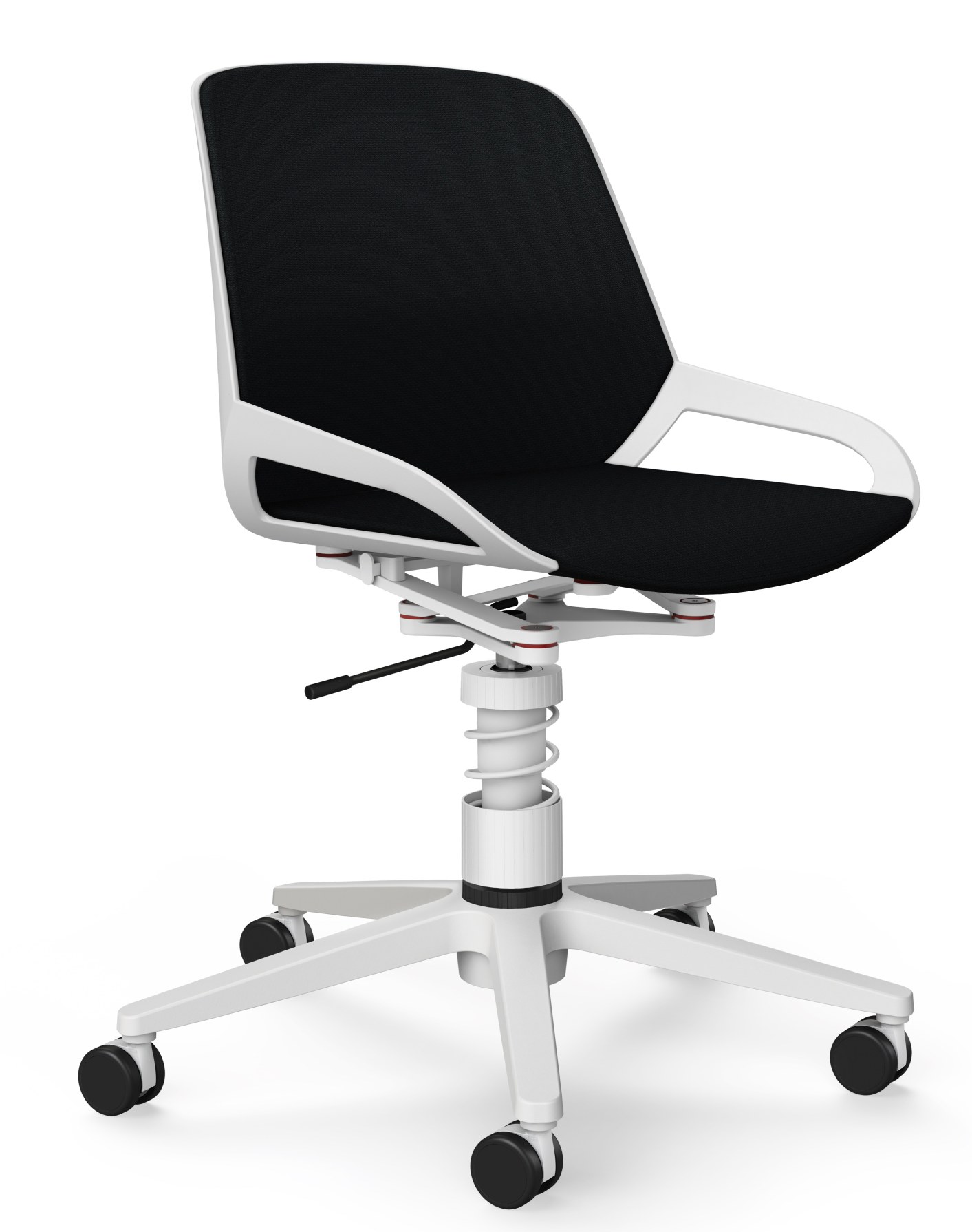Numo Task Bürodrehstuhl von Aeris mit schwarzem Sitz und Rückenlehne, weißem Gestell und Rollen.