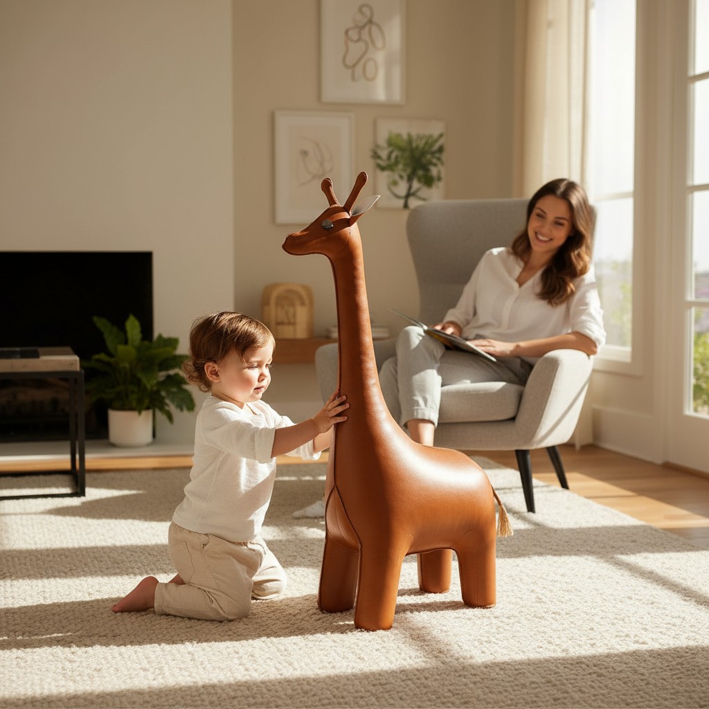 Kleinkind spielt mit großer Ledertier-Giraffe, während Mutter im Sessel ein Buch liest.