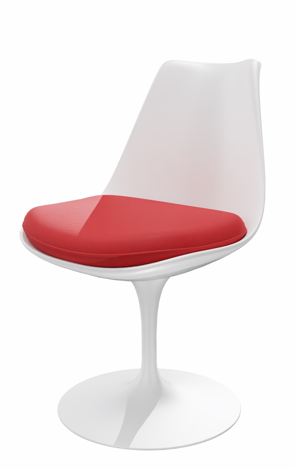 Tulip Chair Stuhl von Knoll International mit rotem Sitzkissen und weißem Gestell.