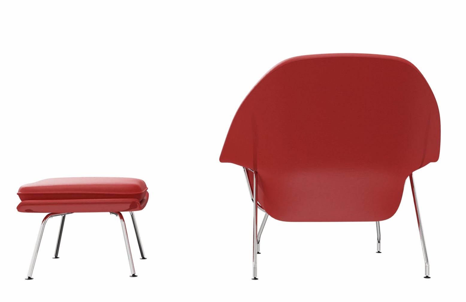 Roter Womb Hocker von Knoll International, moderner Design Hocker mit passendem Fußhocker, Rückansicht.