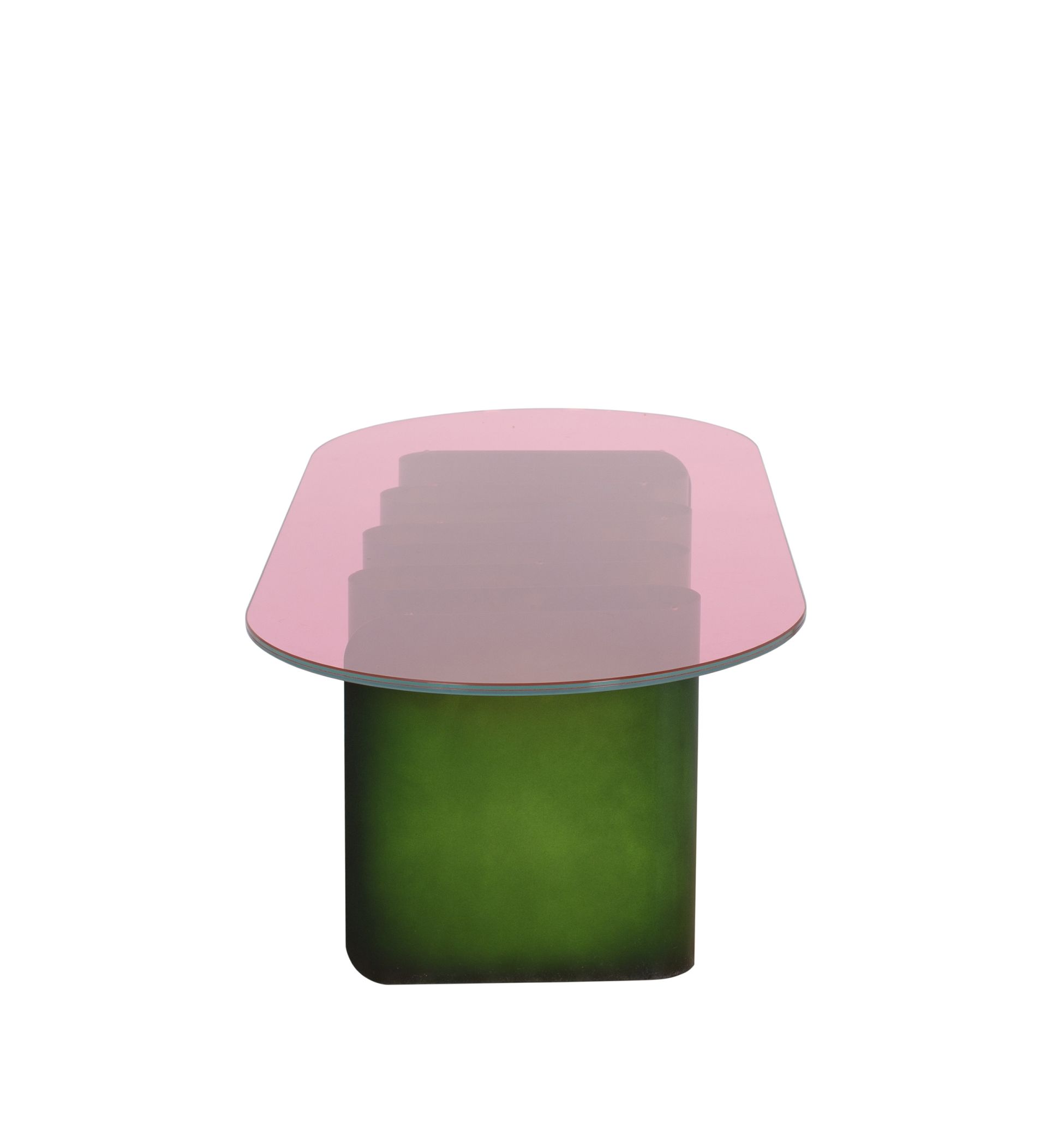 Tavolino2 Beistelltisch von Pulpo mit rosa Glasplatte und grünem Sockel, modernes Möbeldesign.