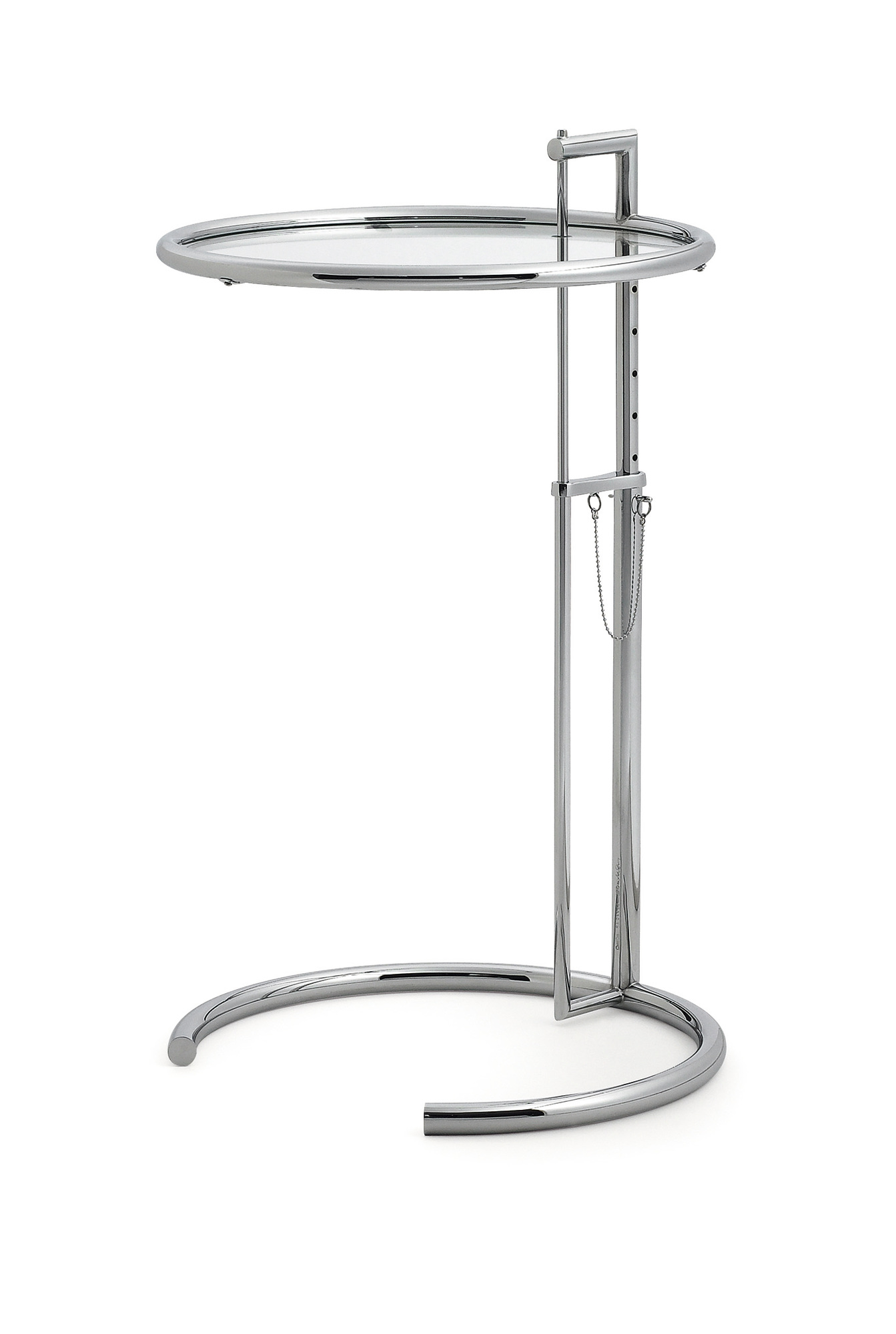 Chromfarbener, höhenverstellbarer E1027 Beistelltisch von ClassiCon mit runder Glasplatte und Stahlrohrgestell.