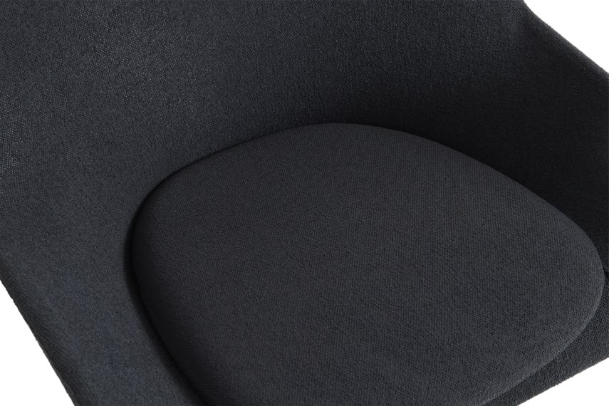 Detailaufnahme: Sitzfläche und Armlehne des Hay 02 Lounge Sessels in Dunkelgrau. Bequemer Design Sessel.
