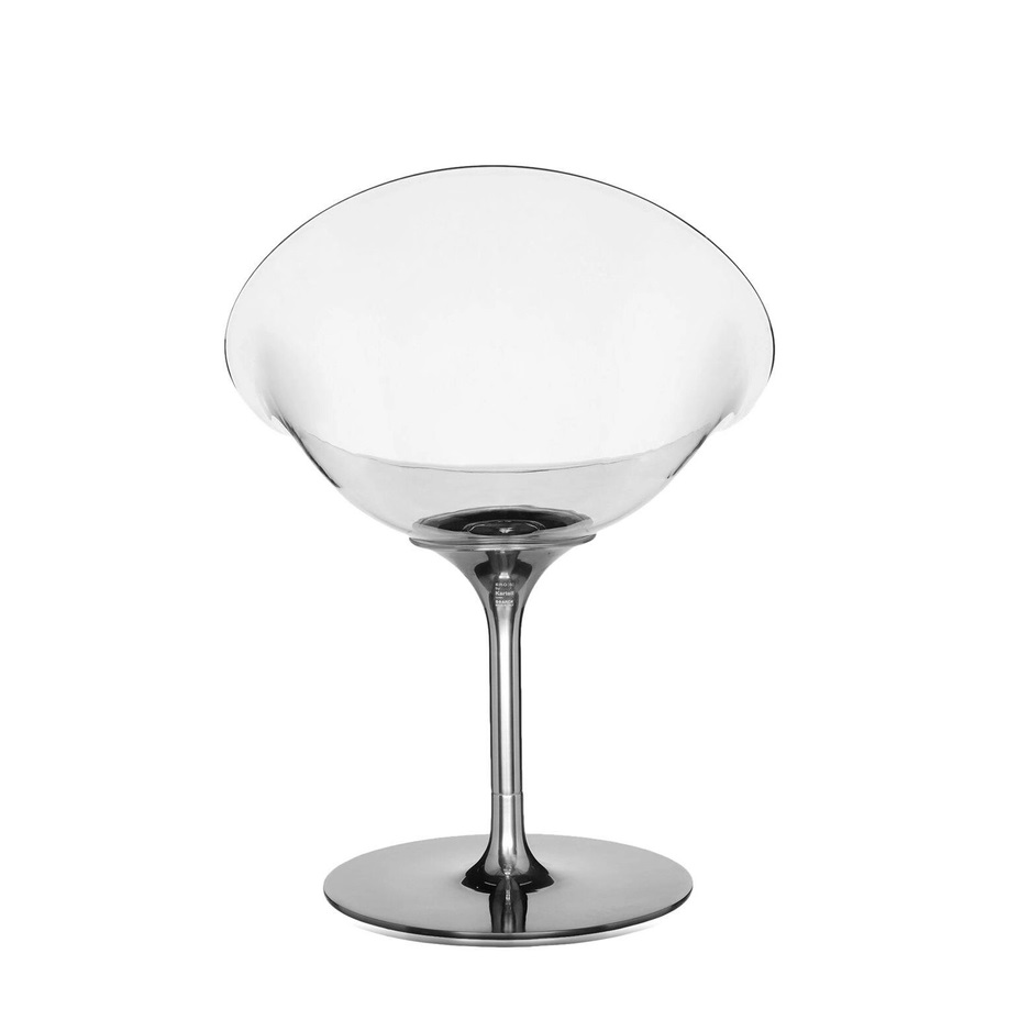 Ero/S/ Eros Drehstuhl von Kartell, moderner Design Stuhl mit transparentem Sitz und Chromfuß.