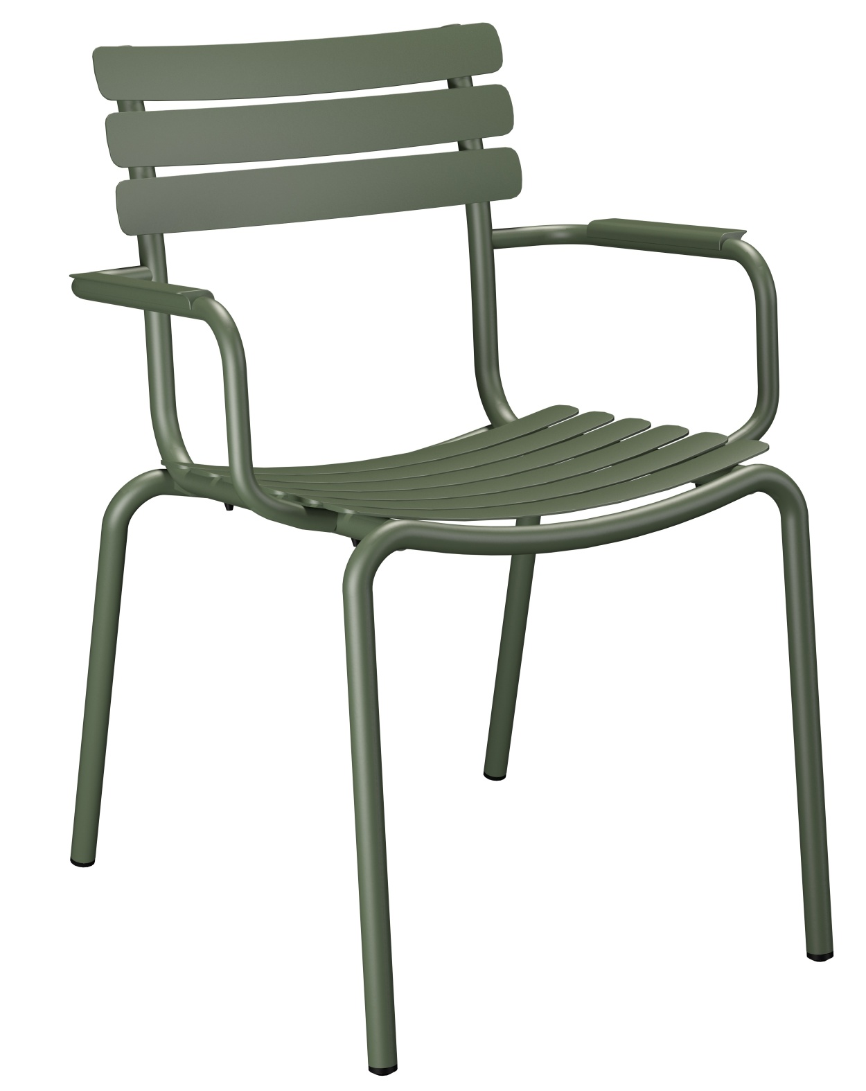 Alua Armlehnenstuhl von Houe, grüner Outdoor Stuhl mit Armlehnen und Lattenmuster, Gartenmöbel.