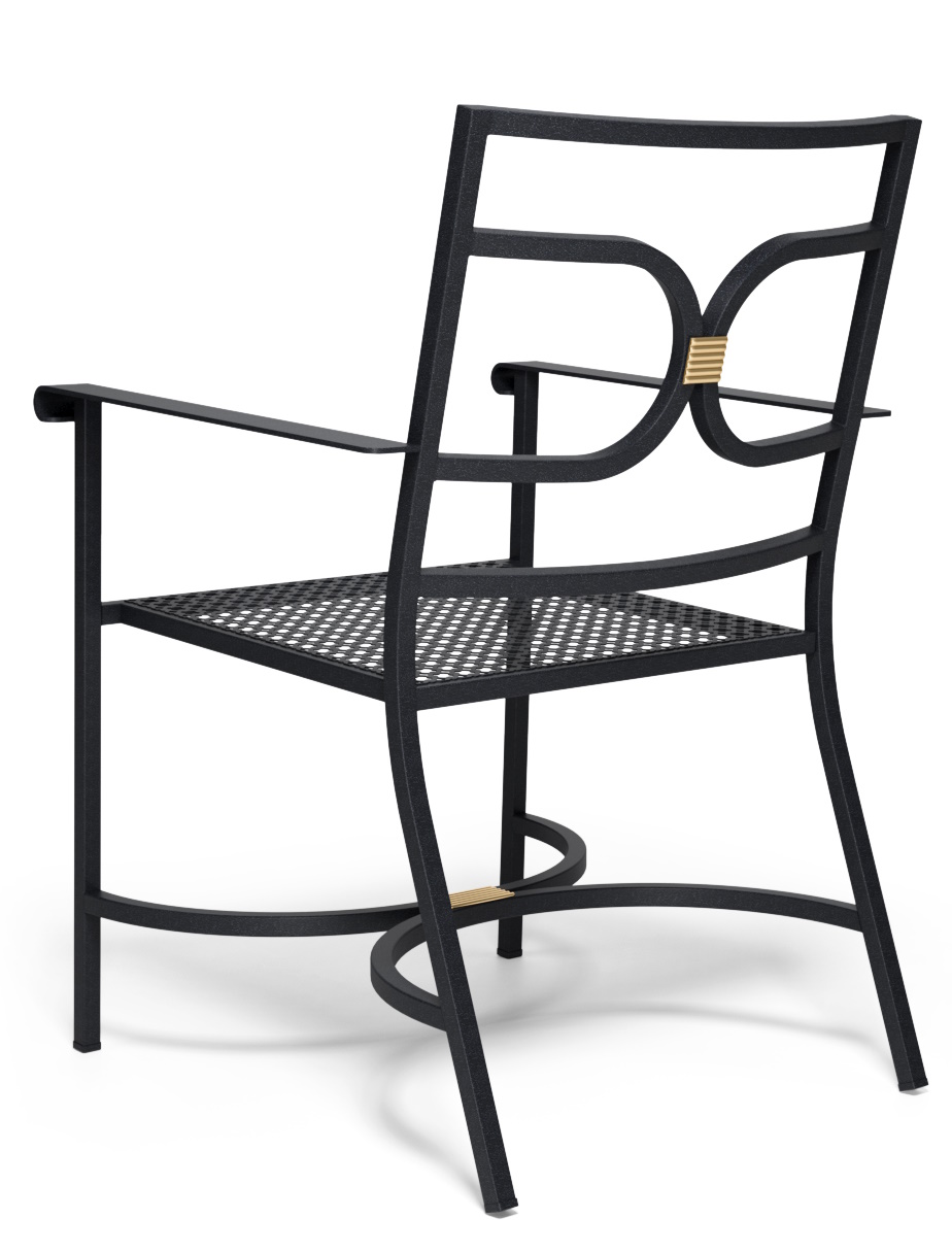 Collier Armchair von Emu, ein schwarzer Outdoor-Stuhl mit Armlehnen und dekorativer Rückenlehne, Rückansicht.