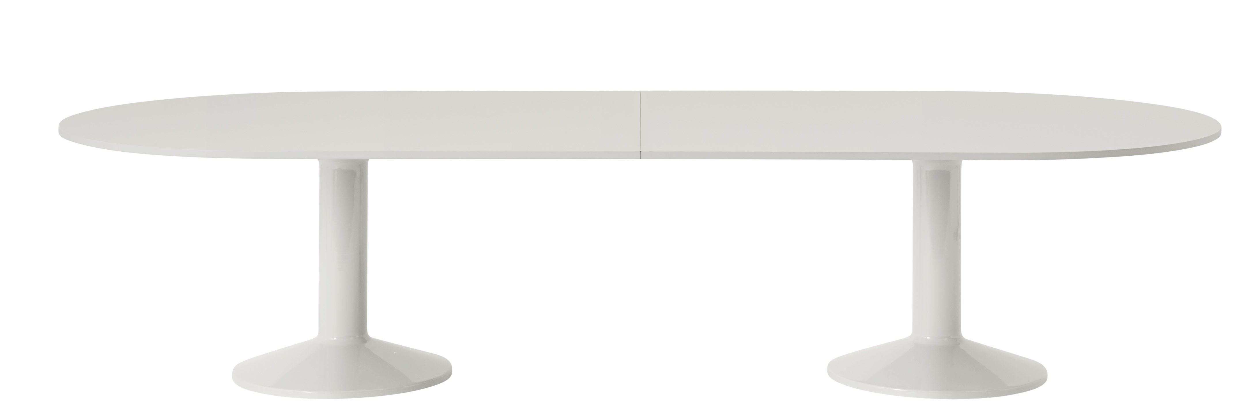 Muuto Midst Konferenztisch in Weiß, oval, mit zwei zentralen Standbeinen für moderne Büros.