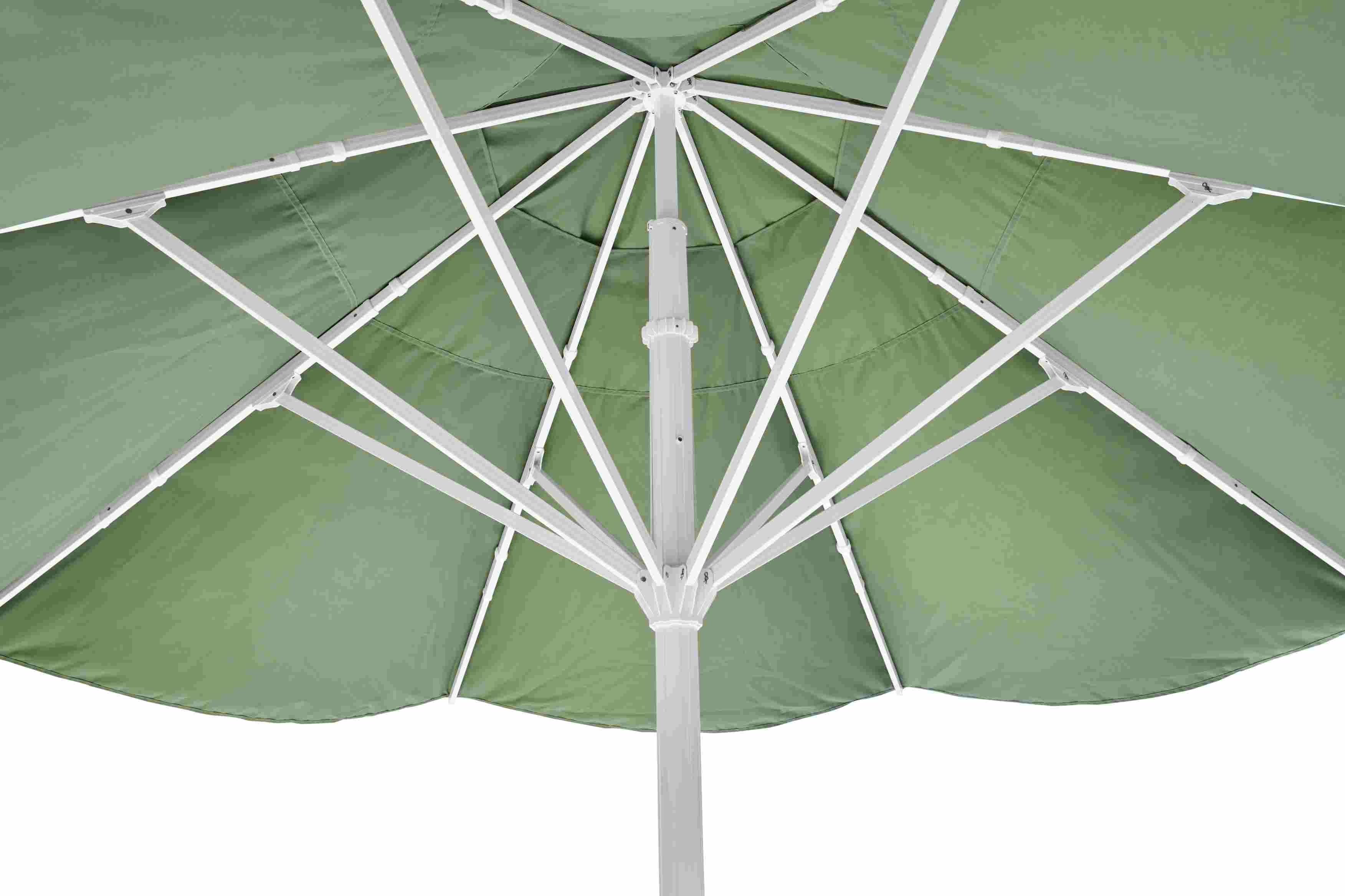 Detailaufnahme von unten des Weishäupl Sonnenschirms mit grünem Stoff und weißem Gestell.