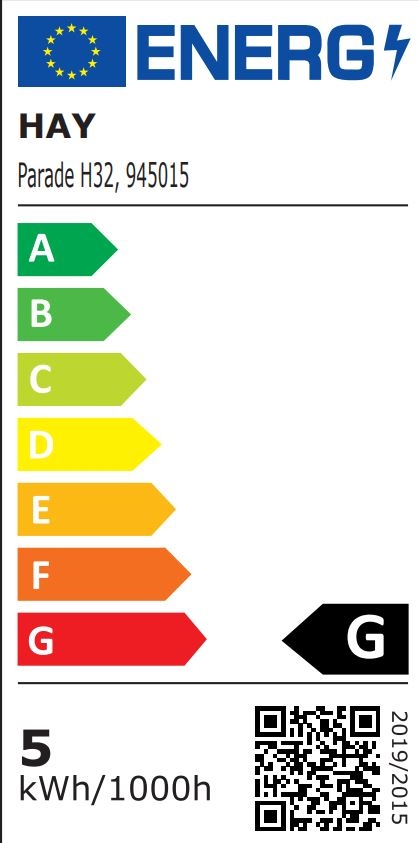 Energieeffizienzlabel der Hay Parade Tischleuchte H32, 945015, mit Energieeffizienzklasse G und QR-Code.