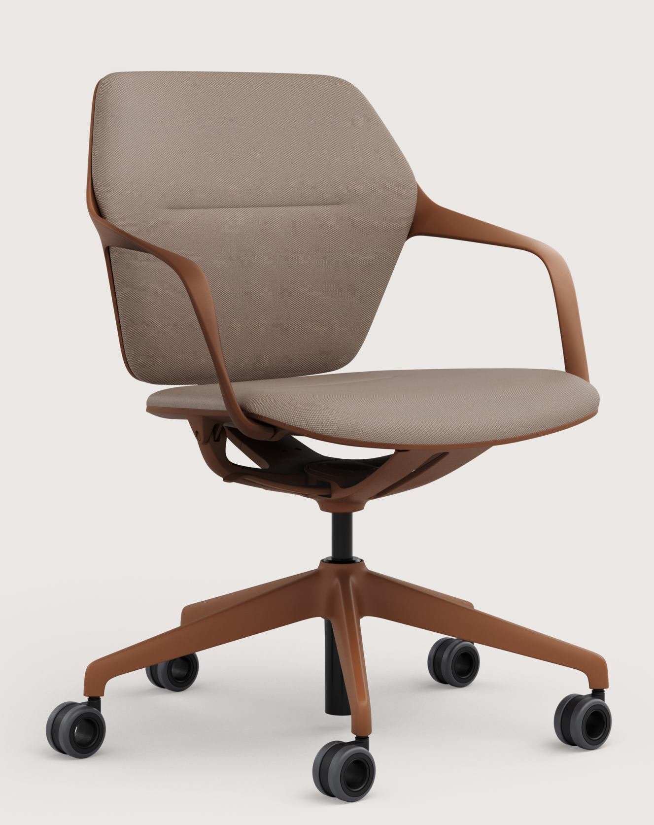 Ray Work 9225 Bürodrehstuhl von Brunner, ergonomischer Drehstuhl mit Armlehnen und Rollen in Braun.