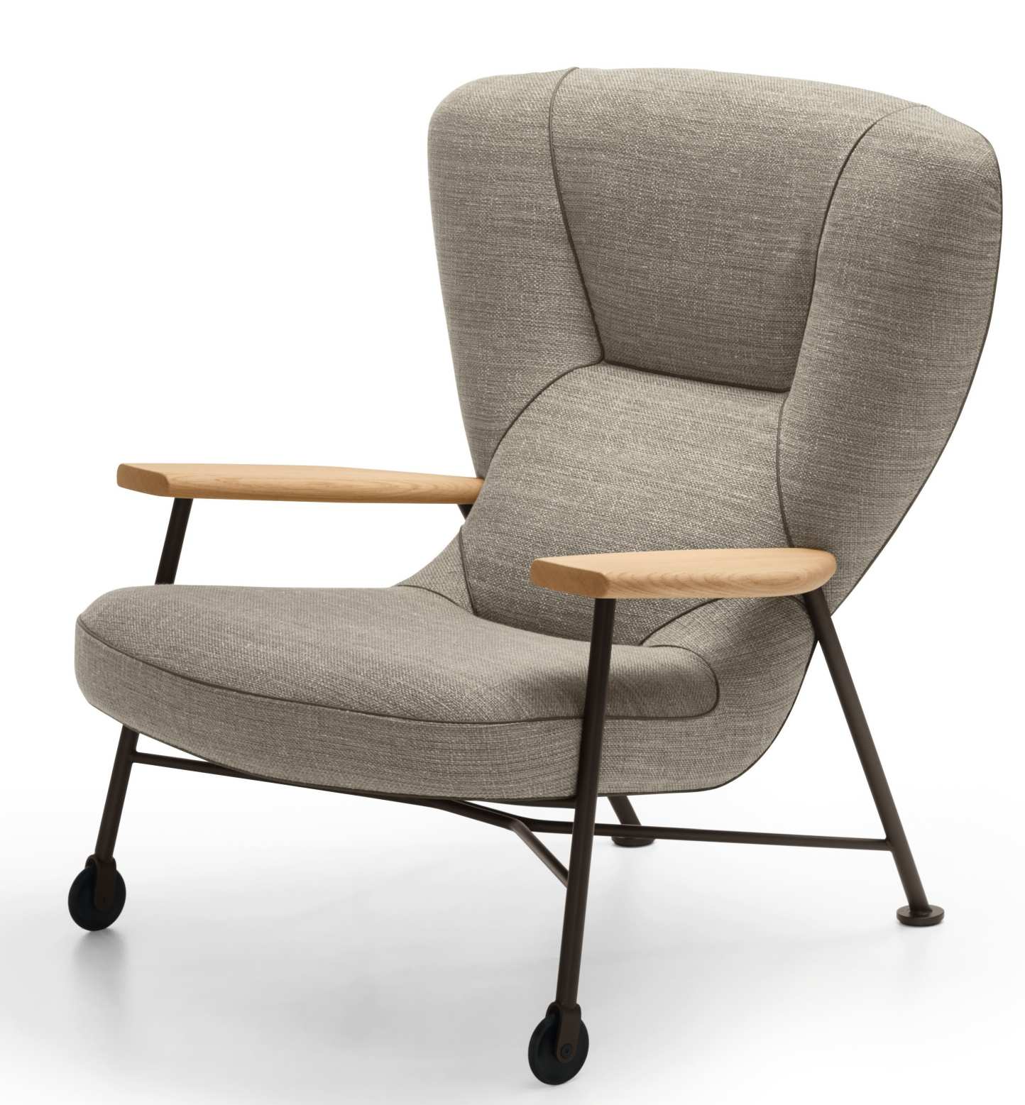 Walter Knoll Shinzo Lounge Chair Sessel 264/265 mit Stoffbezug und Holzarmlehnen auf Rollen.