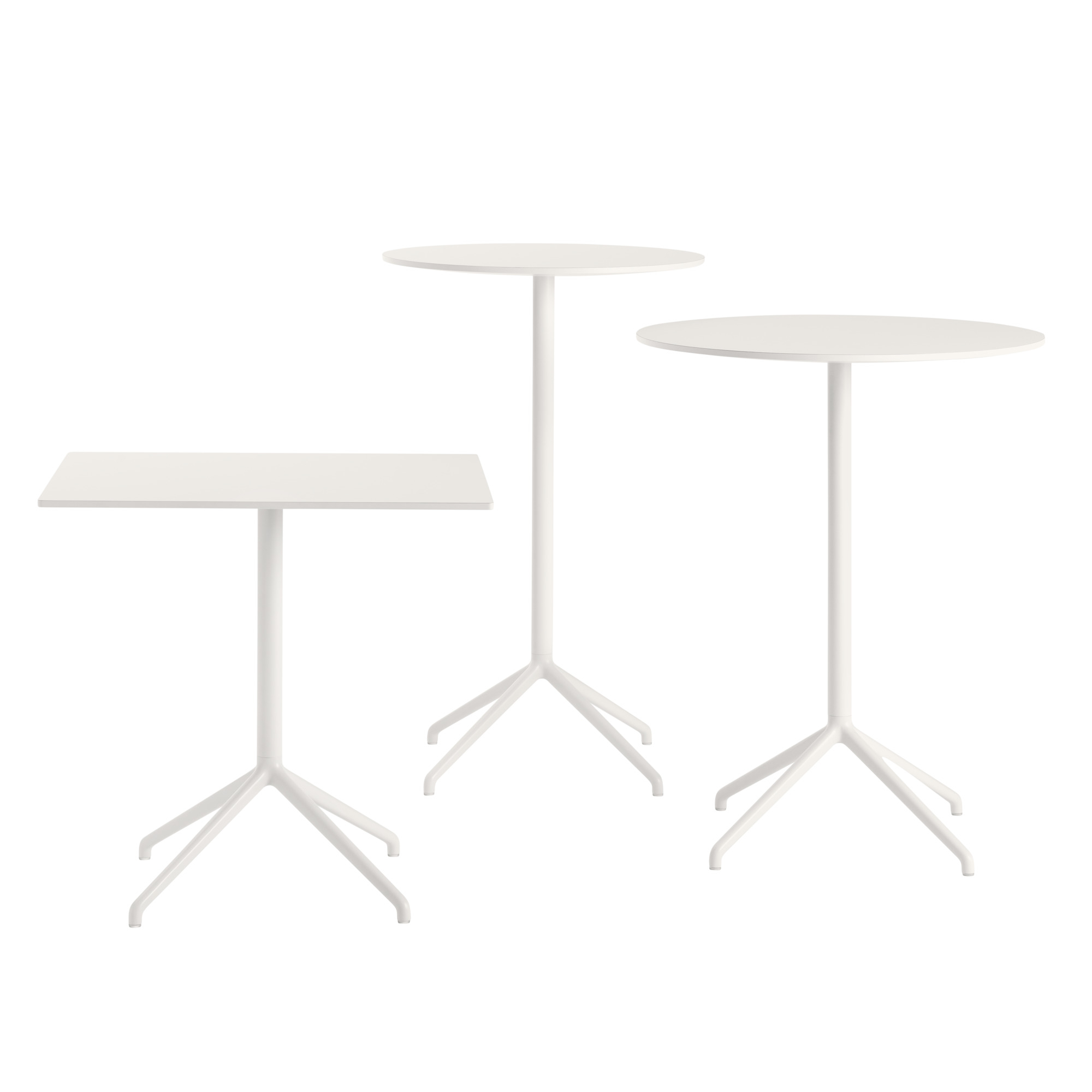 Muuto Still Cafe Table Beistelltisch in Weiß mit runder und quadratischer Tischplatte für Gastronomie und Büro.