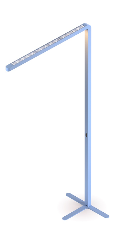 Team Agile Stehleuchte in Grau: Moderne LED-Stehlampe mit minimalistischem Design und X-förmigem Fuß für Büro und Wohnzimmer.