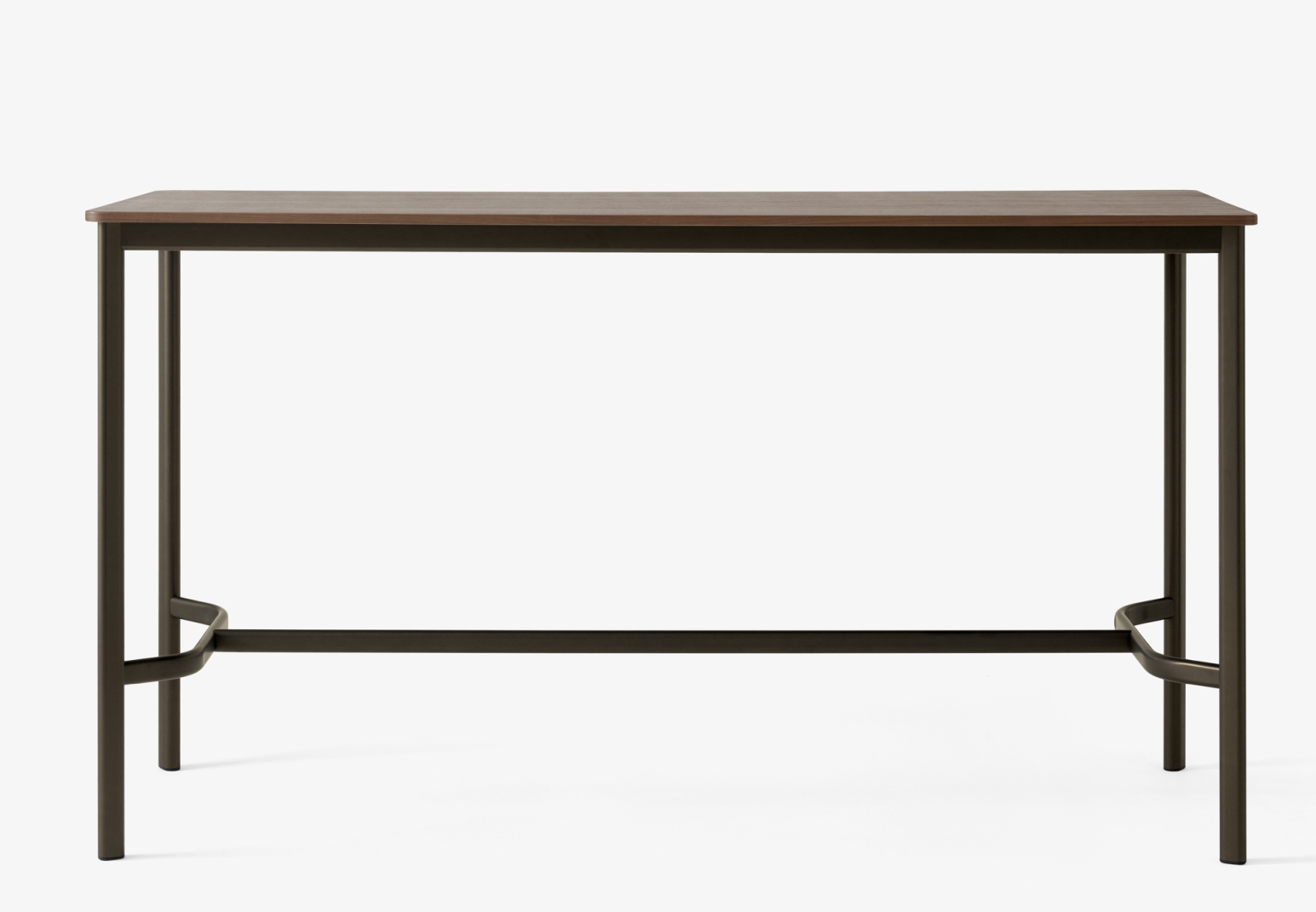 AndTradition Drip Stehtisch mit brauner Tischplatte und dunklem Metallgestell für moderne Büros und Gastronomie.