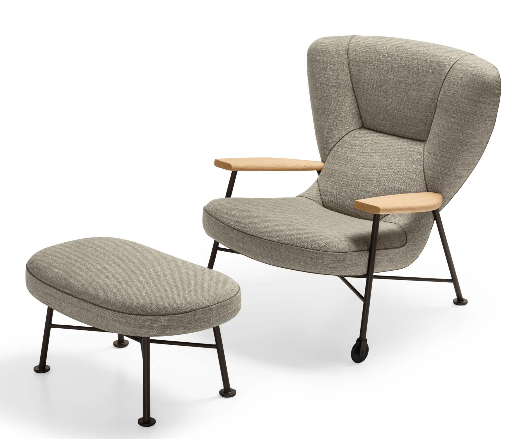 Walter Knoll Shinzo Sessel mit Hocker, Stoffbezug und Holzarmlehnen, modernes Design.