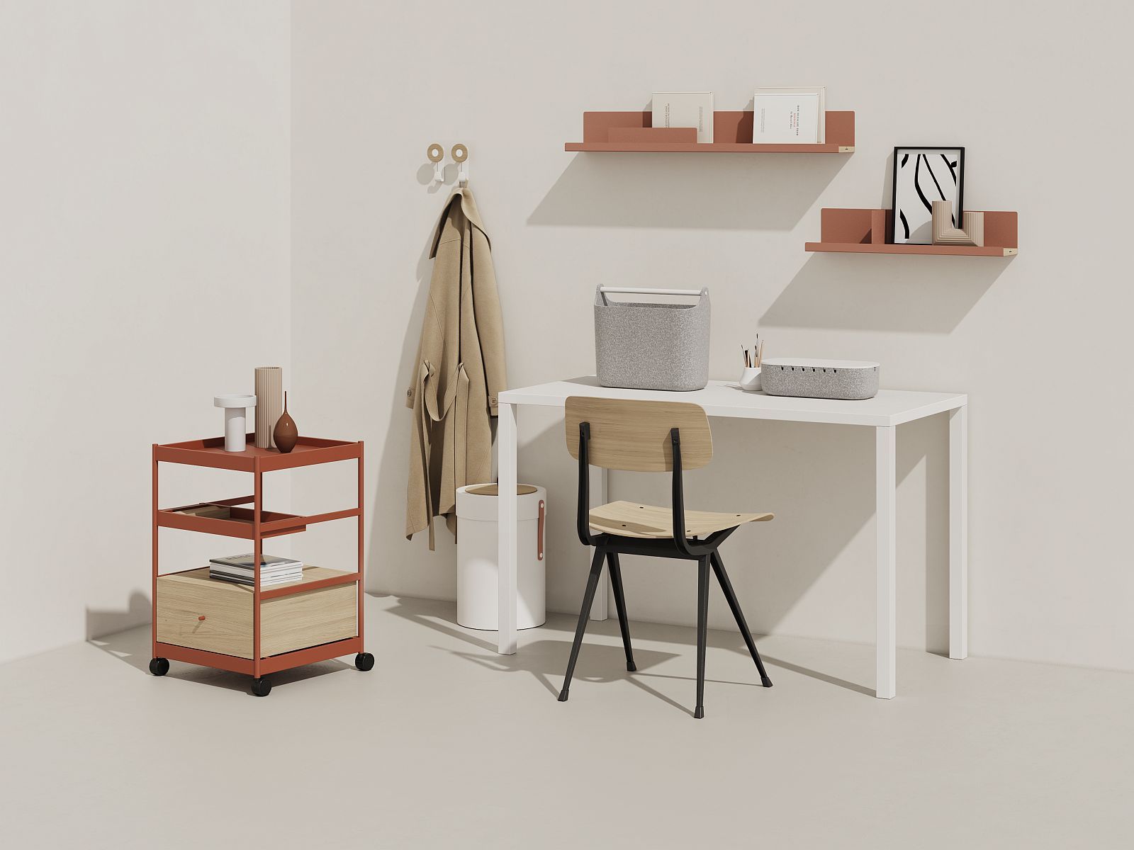 Beside Office Trolley von Mizetto mit Regalen und Schublade neben Schreibtisch mit Regalen an Wand.