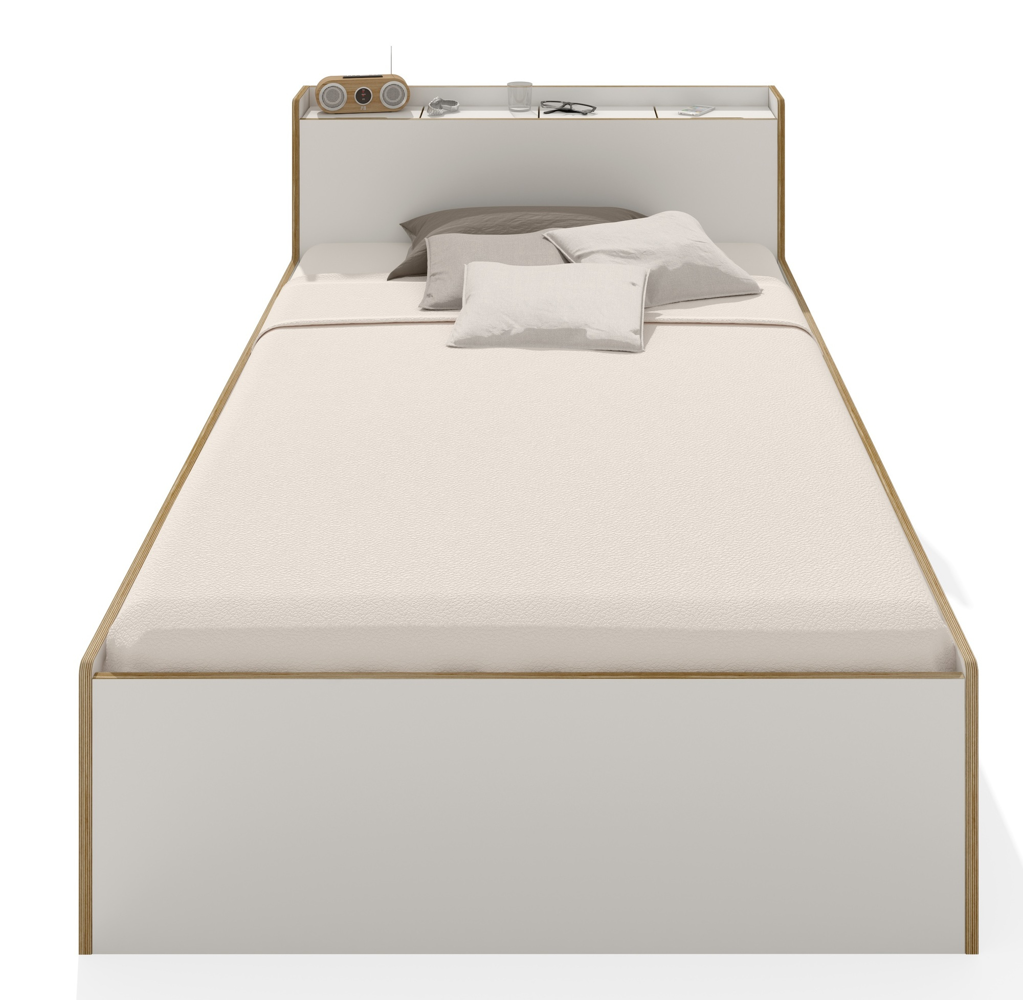 Nook Einzelbett in Weiß von Müller Möbelwerkstätten, modernes Design mit Ablagefläche.