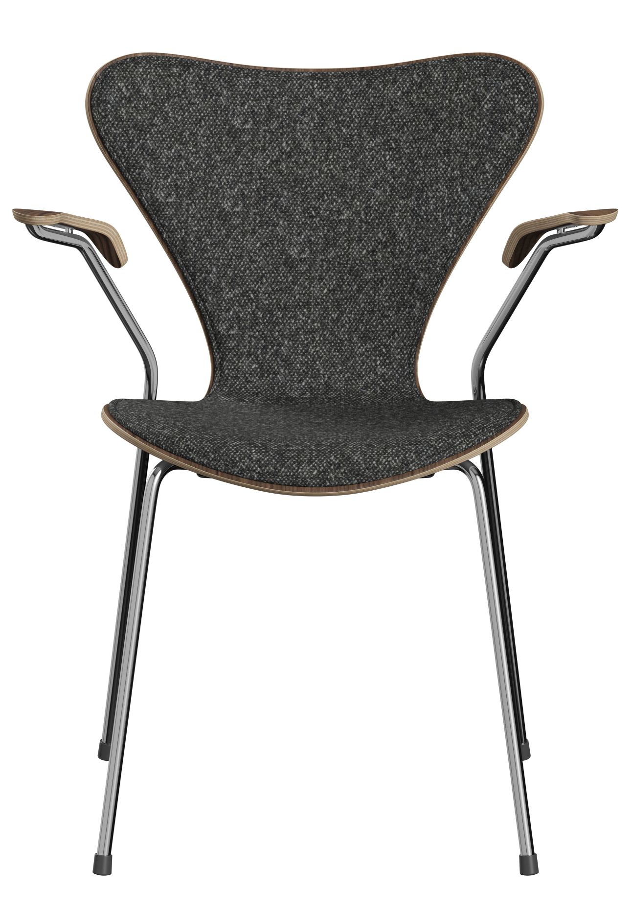 Siebener Stuhl mit Armlehnen, Jubiläumsmodell von Fritz Hansen, grauer Stoffbezug und Chromgestell.