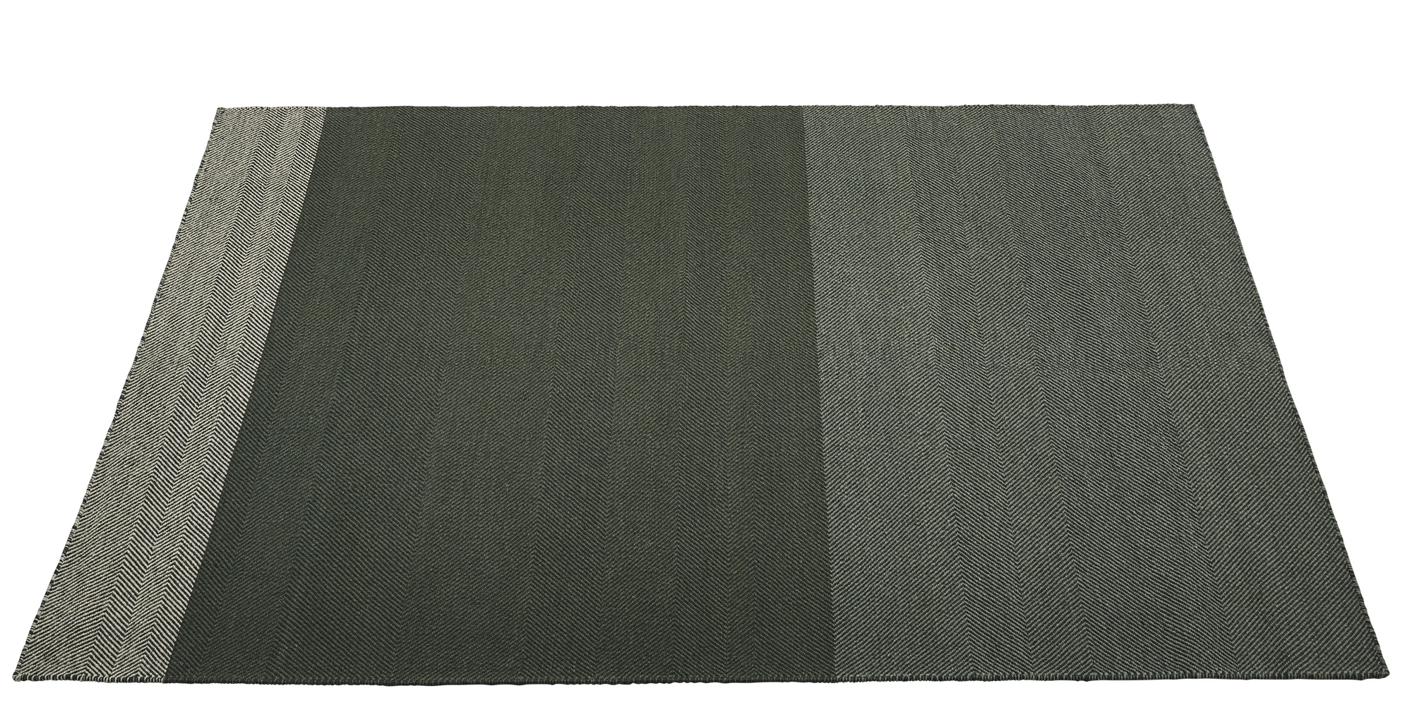 Muuto Varjo Rug Teppich, rechteckig, mit dezentem Fischgrätmuster in Grau- und Grüntönen für Wohnzimmer und Schlafzimmer.