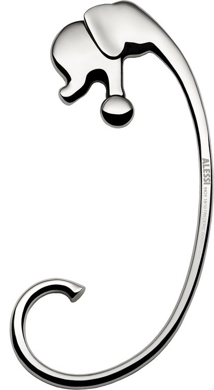 Alessi Taschenhaken mit Elefant-Motiv, glänzend poliert, ideal für Handtaschen und Accessoires.
