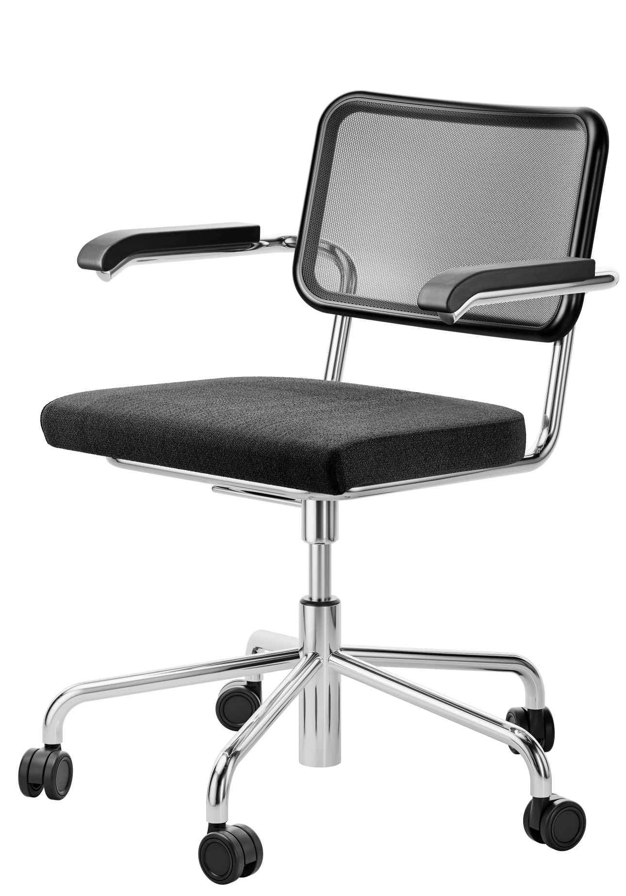 S 64 Drehstuhl von Thonet: Bürostuhl mit schwarzem Sitz, Netzrücken und Chromgestell.