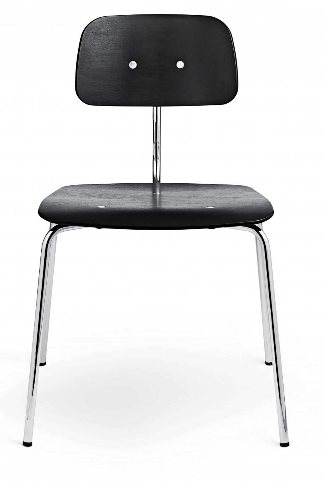 Kevi Stuhl mit schwarzer Sitzfläche und Rückenlehne, verchromtes Gestell, Bürostuhl Design.